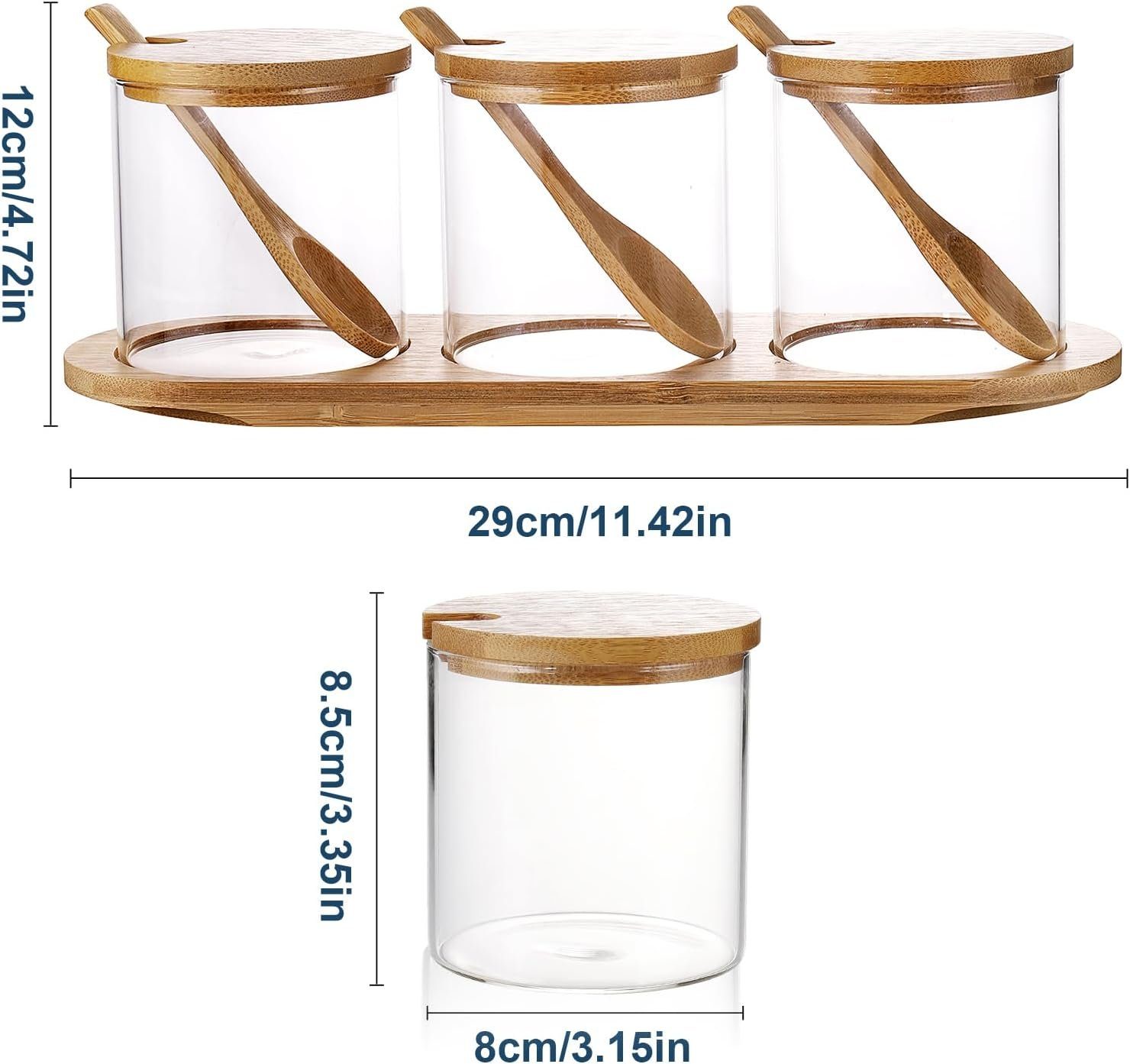 MULISOFT Gewürzbehälter 3 x 300ml Paletten), Deckel Bamboo (mit und Küche Esstisch Gewürz Set, für Glas Gewürzgläser Gewürzdosen und Organizer Löffel
