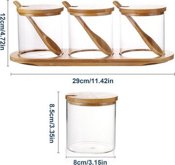 MULISOFT Gewürzbehälter 3 x 300ml Gewürzdosen Glas Gewürzgläser Set, (mit Bamboo Löffel, Deckel und Paletten), Gewürz Organizer für Küche und Esstisch