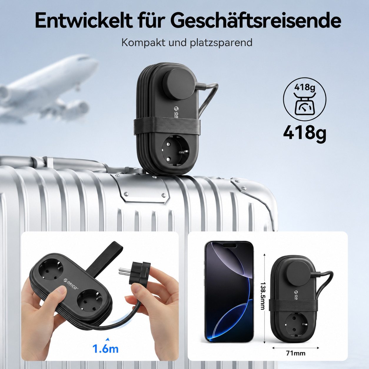 ORICO Steckdose AP3 20W Reisesteckdosenleiste mit USB-C PD, 1,5 m Kabel – kompakt für Reise & Home Office, 1-St., 2 Steckdosen & 4USB-Anschlüssen, kompakter Meh – Bild 5 von 5