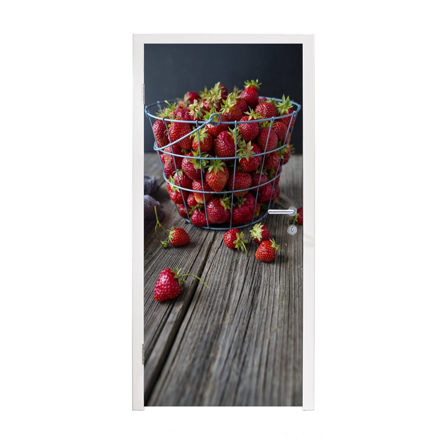 für Erdbeere (1 75x205 Fototapete MuchoWow cm Türtapete - St), bedruckt, Matt, Tisch, Korb Tür, - Türaufkleber,