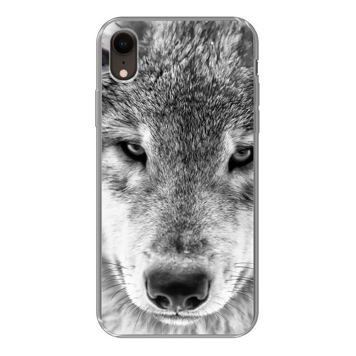 MuchoWow Handyhülle Tierprofil Wolf in schwarz und weiß Handyhülle Apple iPhone XR Smartphone-Bumper Print Handy