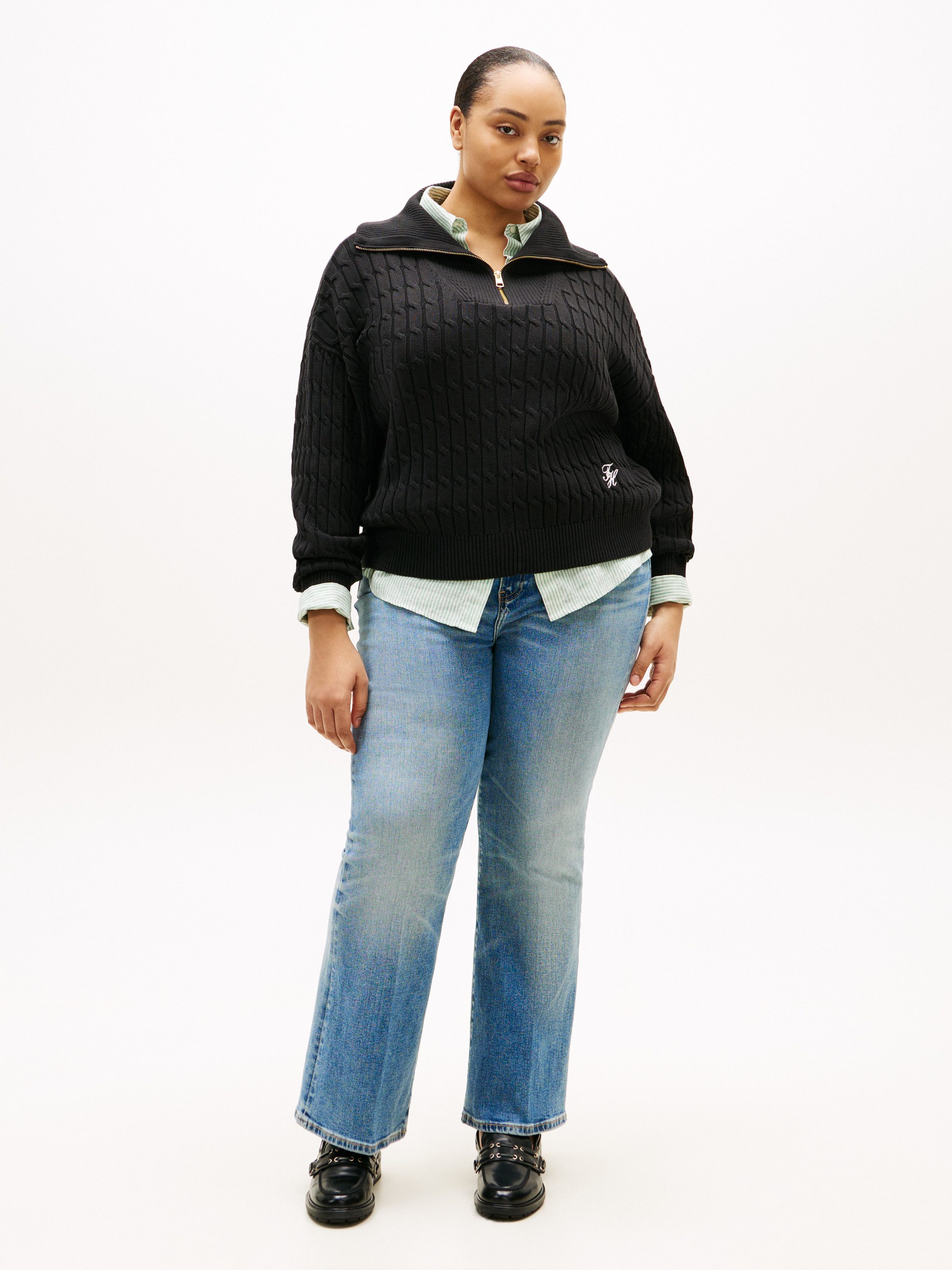 Tommy Hilfiger Curve Troyer CRV CO CABLE MID GG 1/2 ZIP SWT in großen Größen, mit Zopfmuster