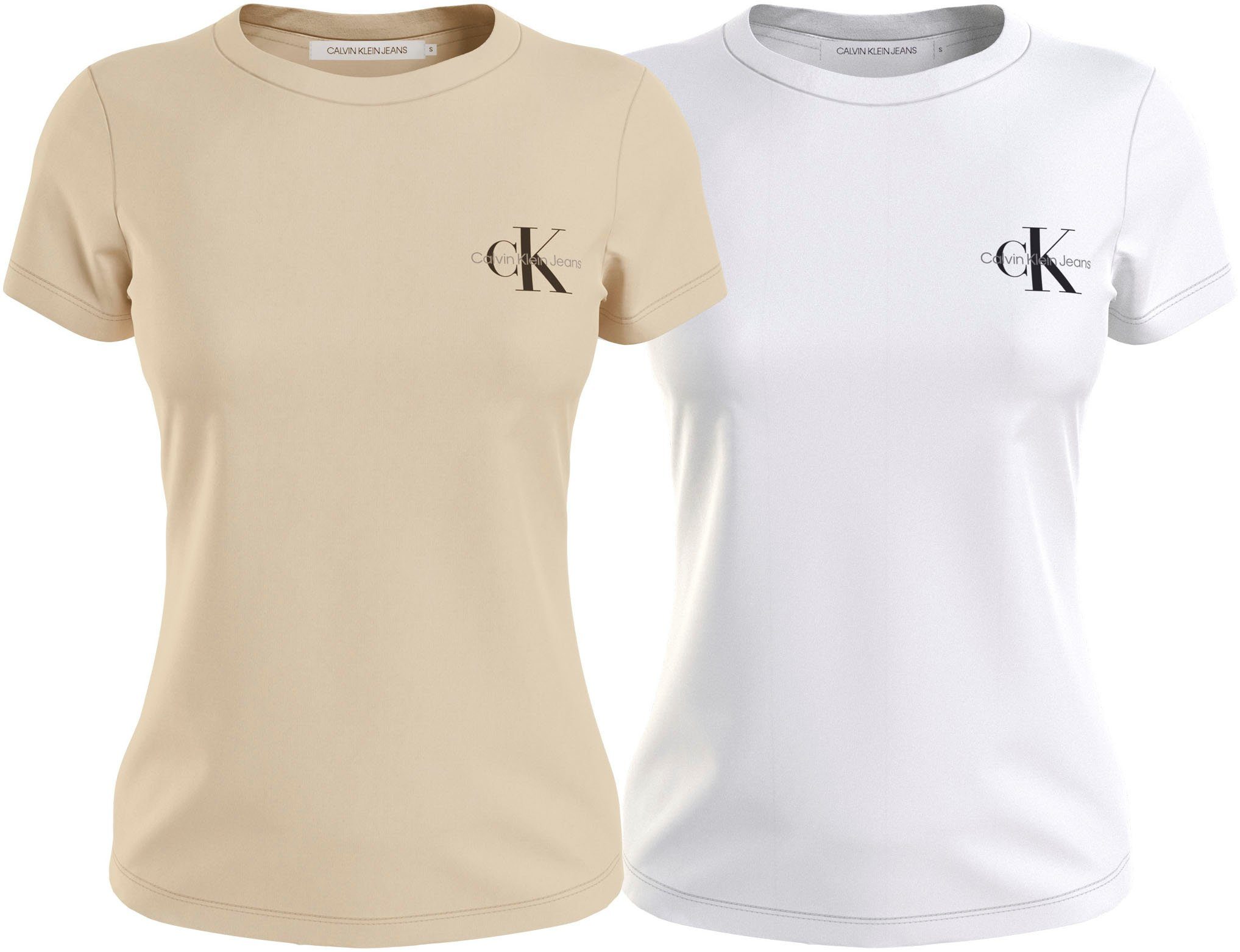 Calvin Klein Jeans Jeans Brust Rundhalsshirt Logoprint auf (Packung, mit MONOLOGO TEE Klein Calvin 2er-Pack) beige-weiß der 2-PACK 2-tlg., SLIM