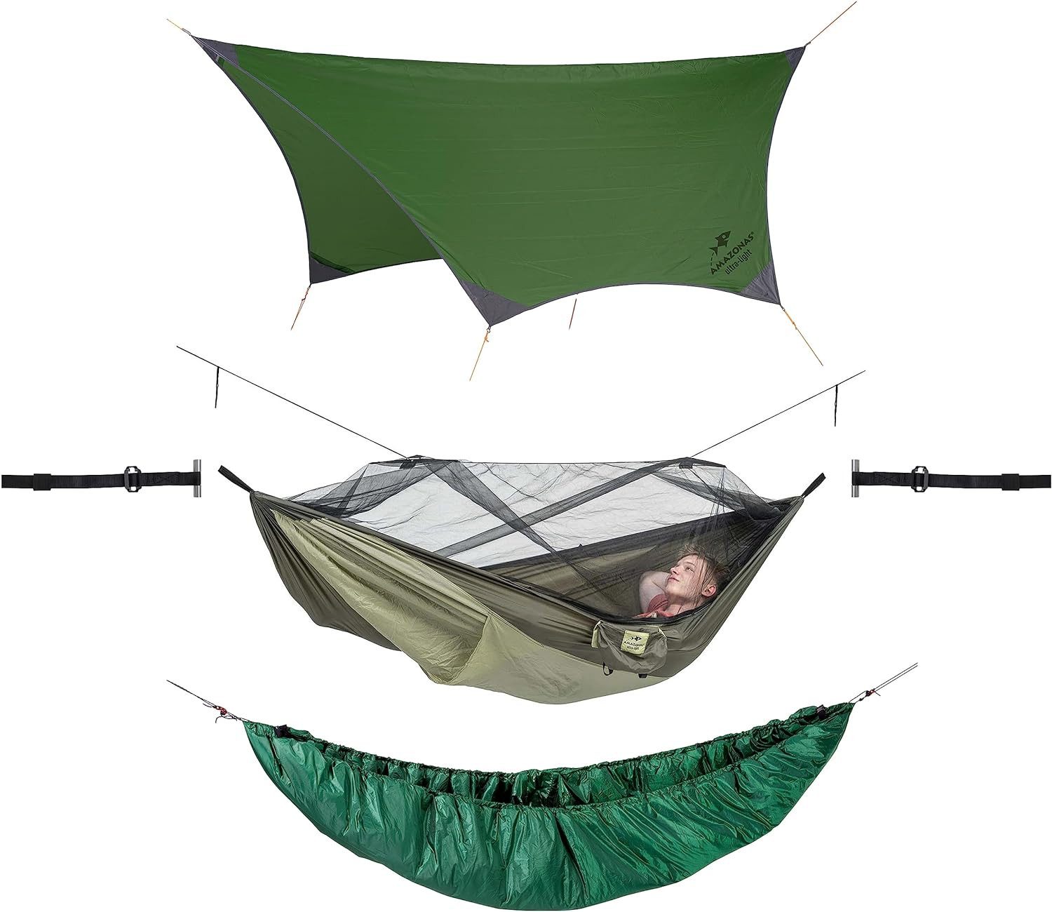 Amazonas Hängematte Ultra-Light Set, Moskitonetz + Tarp + Aufhängungen + Underquilt (5° C, Outdoor Hammock Set), XL und XXL