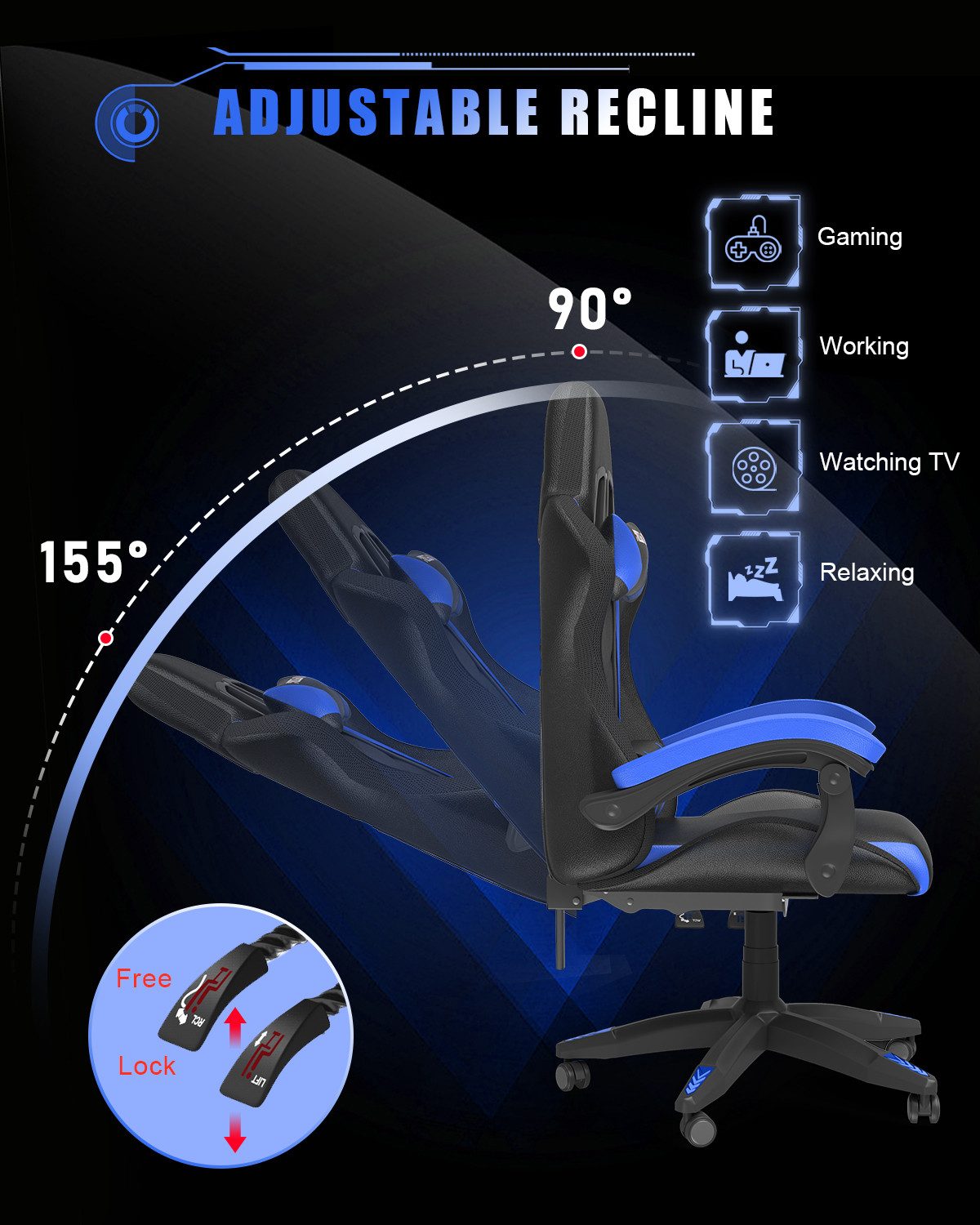 Gywowken Gaming-Stuhl mit LED - Gaming Chair Ergonomisch - 90-155° Rückenlehne – Bild 4 von 5