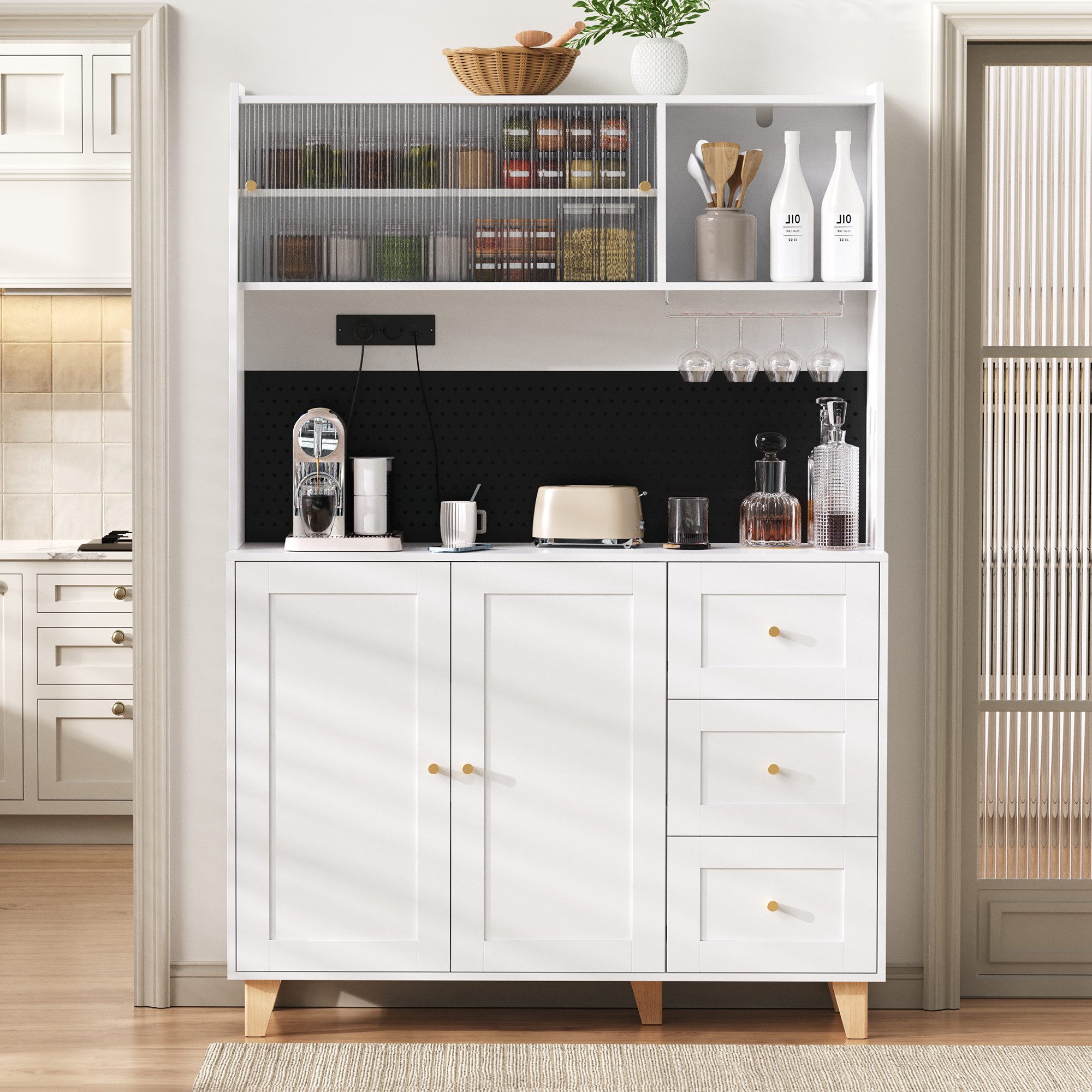 Flieks Küchenbuffet mit Steckdosen, Lochwand, Gläserhalter, Glas-Schiebetür und Schubladen (120x40x184 cm, 1-St., Mehrzweckschrank mit Arbeitsplatte, Türablagen und Massivholzbeinen) Hochschrank Küchenschrank Geschirrschrank mit verstellbarer Ablagen