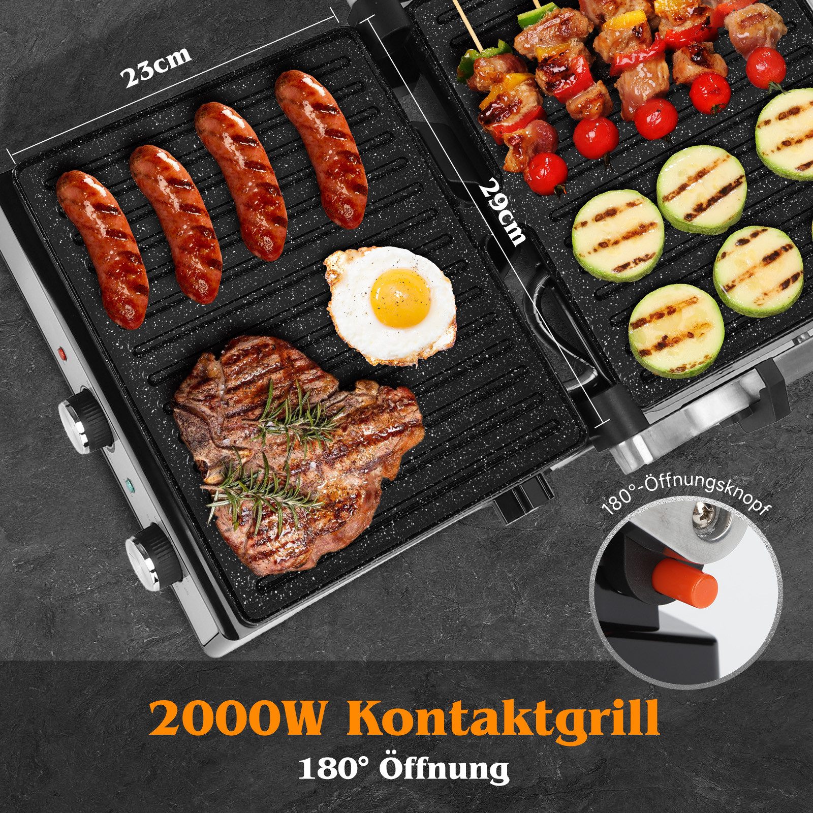Aigostar Paninigrill Kontaktgrill XXL, Sandwichmaker und Panini Grill, Temperaturkontrolle, 2000,00 W, Antihaftbeschichtung, 180° klappbar, Fettauffangschale, 190–230 °C