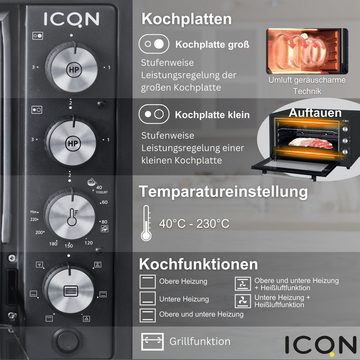 ICQN Minibackofen mit Kochplatten, 3800 W, inkl. Backblech Set, Emailliert, Umluft, Pizza-Ofen, Doppelverglasung, Drehspieß, Mini Ofen, 40°-230°C