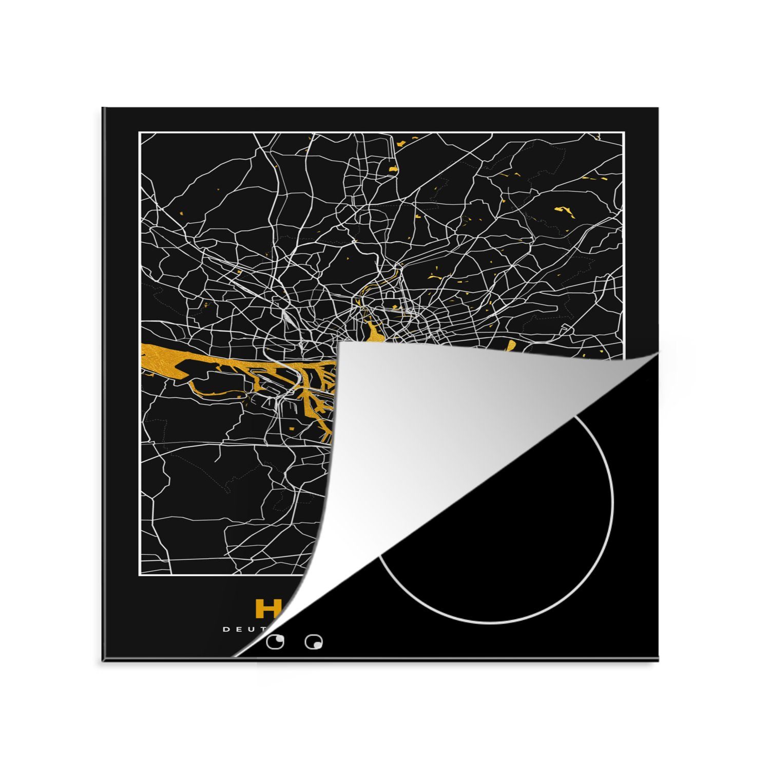 Ceranfeldabdeckung, Herdblende-/Abdeckplatte Vinyl, - 78x78 Stadtplan, küche - Gold cm, Deutschland - tlg), für MuchoWow Hamburg Karte Arbeitsplatte (1 -