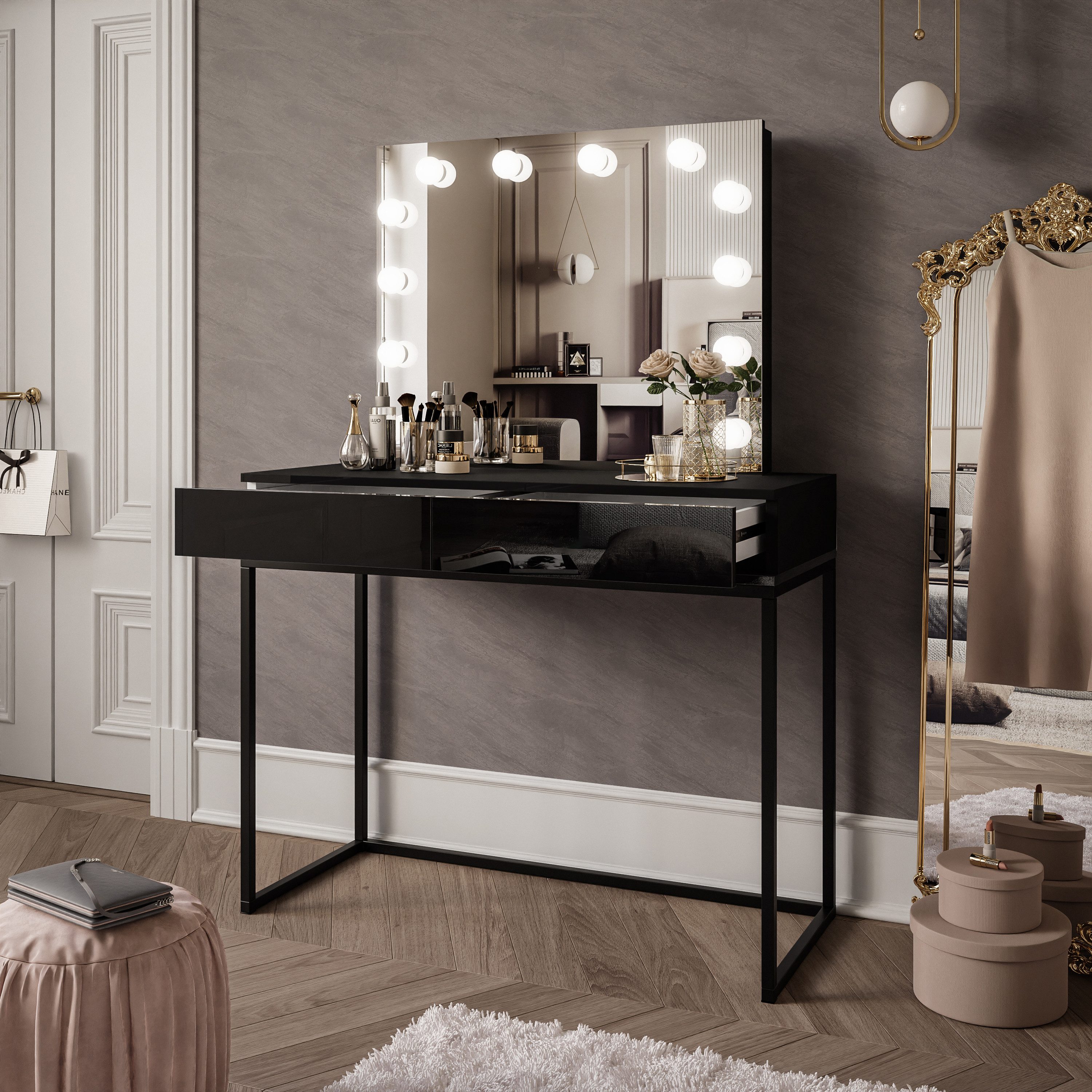 Lookway Schminktisch BLANCO LOFT ELITE mit Spiegel und Beleuchtung