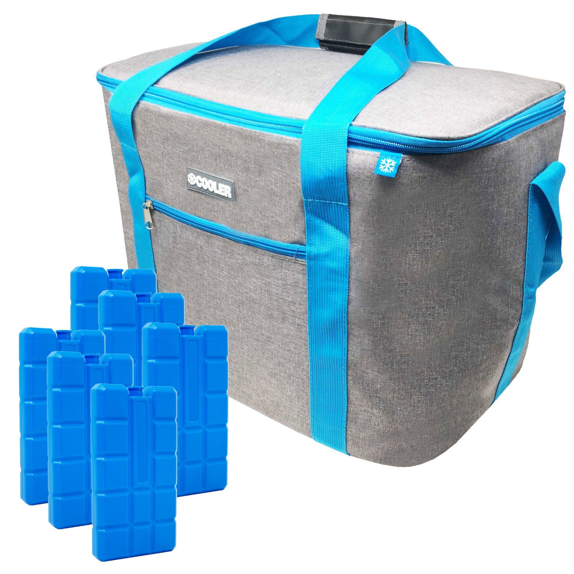 Kühltasche 36 Liter große Kühltasche Kühlbox Grau mit 6er-Set 200ml Kühlakkus