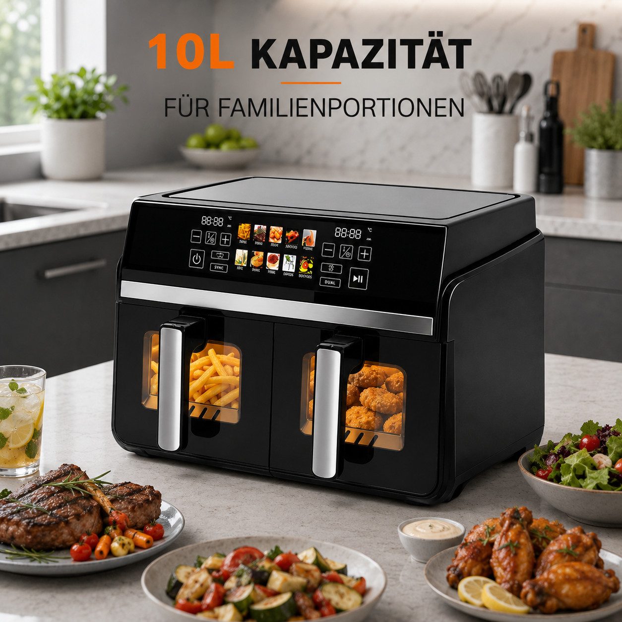Ledklang Heißluftfritteuse 2 unabhängige Kammern 10L XXL Air fryer 13-in-1 Programm, 2200 W, 2 kammern übereinander, getrennter Temperatur Zeiteinstellung – Bild 5 von 5