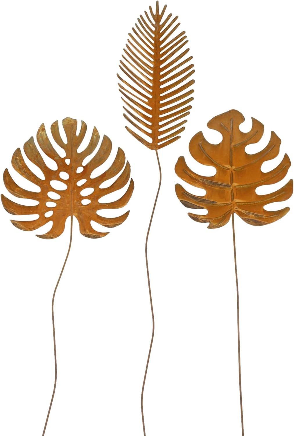 Dekoleidenschaft Gartenstecker "Blätter" aus Metall mit Echtrost, 95 - 102 cm hoch, Metallstecker (3-St., im Set) Dekostecker, Roststecker, Blumenstecker, Rost Garten Deko für Draußen