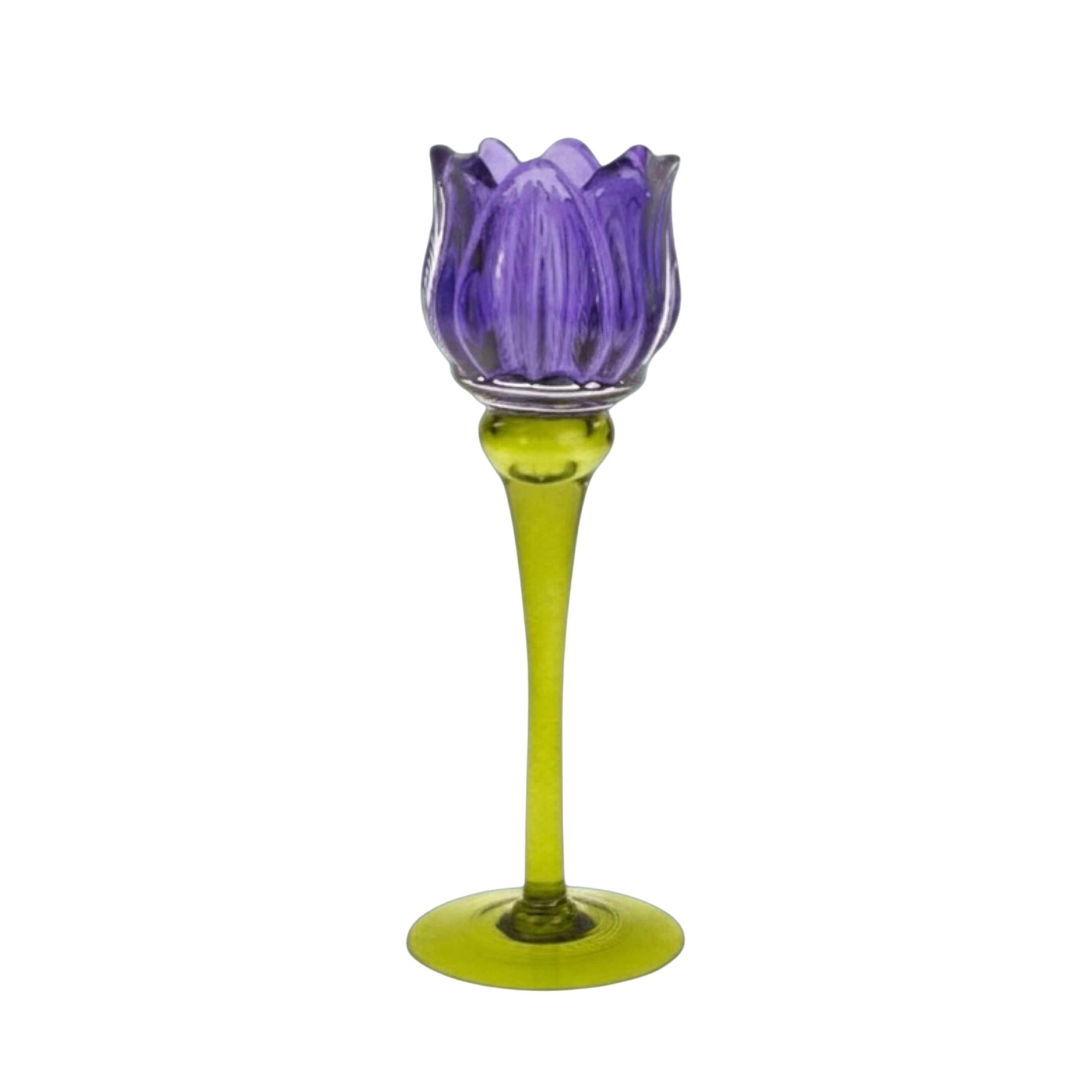 degawo Teelichthalter Kerzenleuchter Tulpe aus Glas Violett 21,5 cm Deko Wohnaccessoire (M) (1 x Kerzenhalter -M)