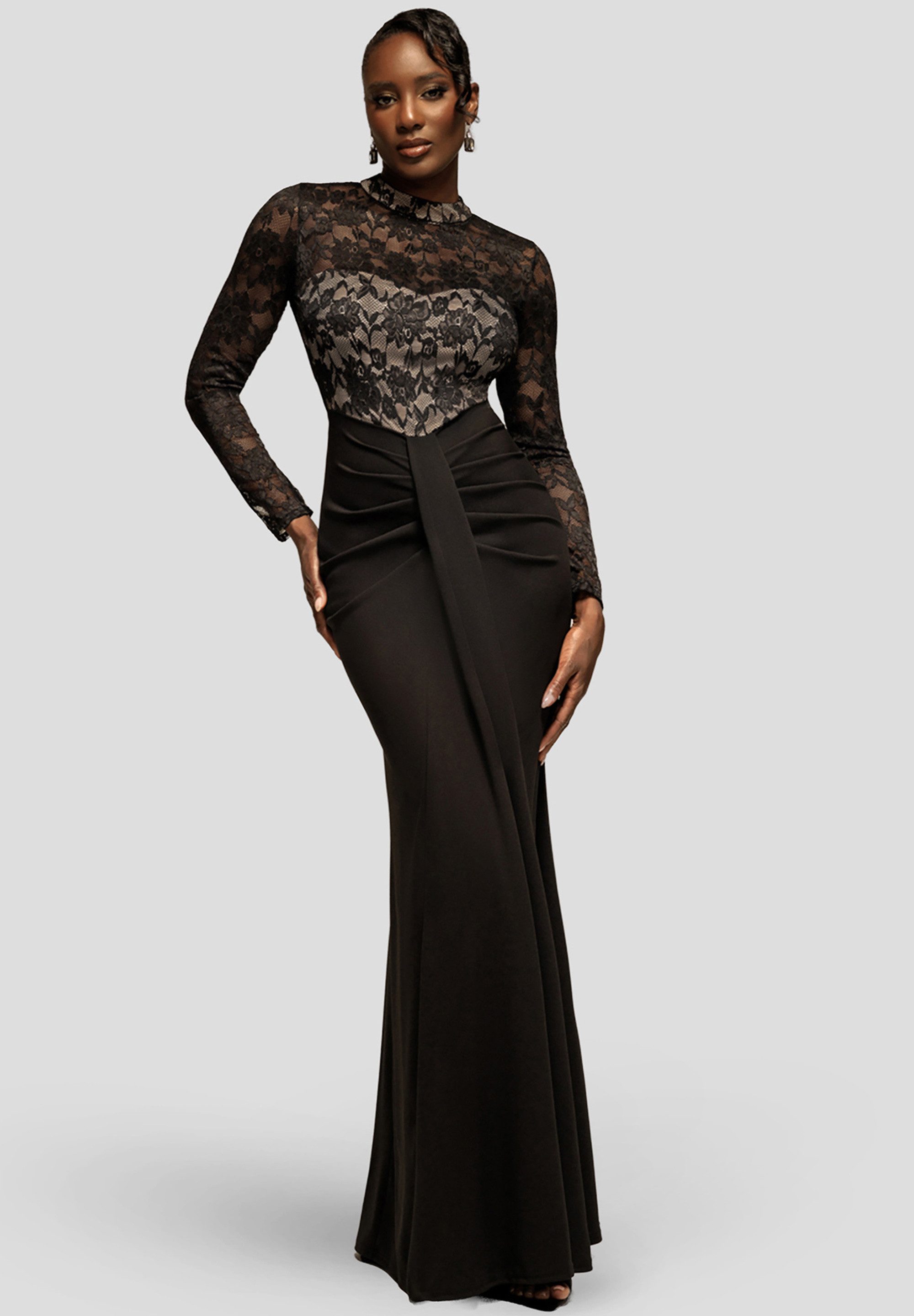 Goddiva Maxikleid Lace High Neck Sheer Bodice Long Sleeve Maxi Dress langes günstig online kaufen