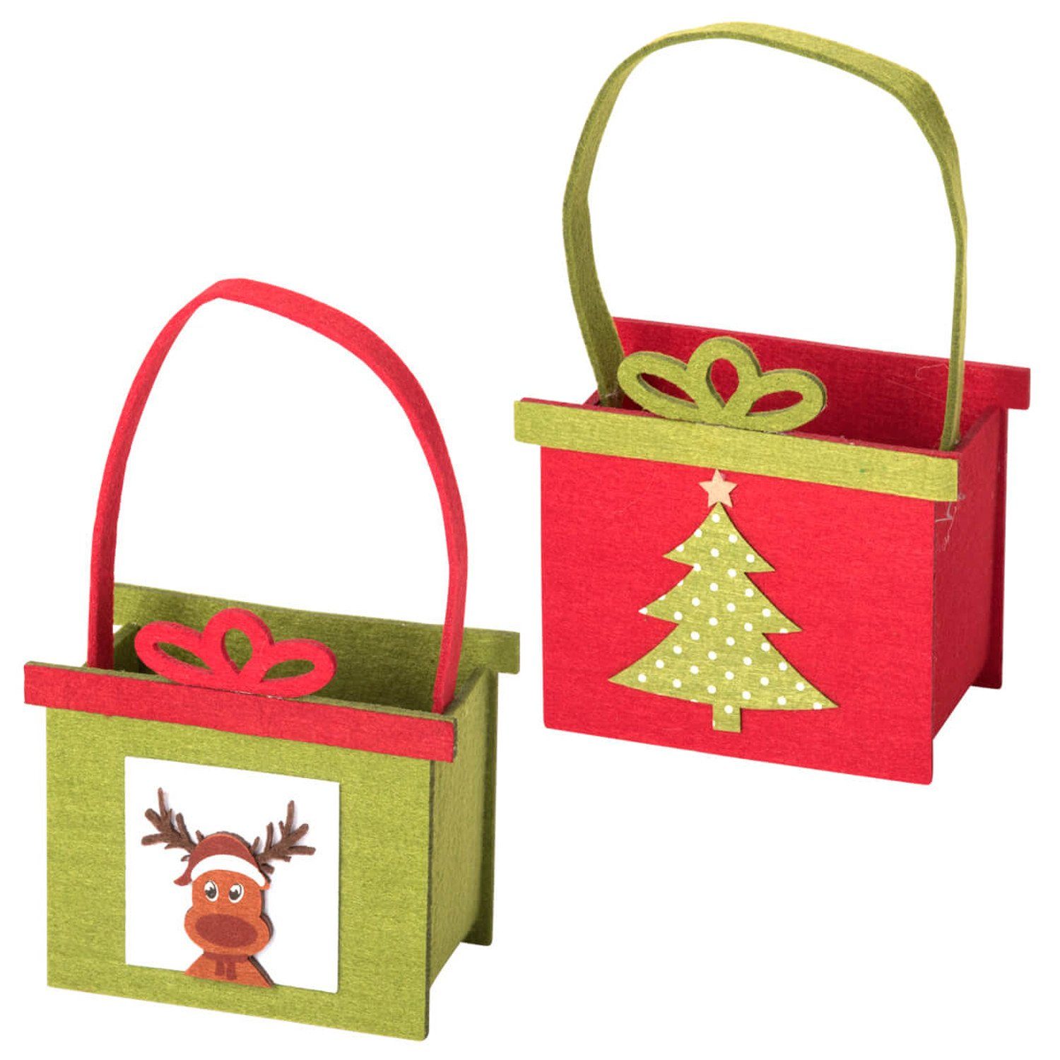 Macosa Home Geschenkbox Geschenktasche Weihnachten Nikolaus Filz Geschenkverpackung (Rentier Christbaum rot grün, 2 St., 14 x 9 x 24 cm), mit Henkel Advent wiederverwendbar Verpackung