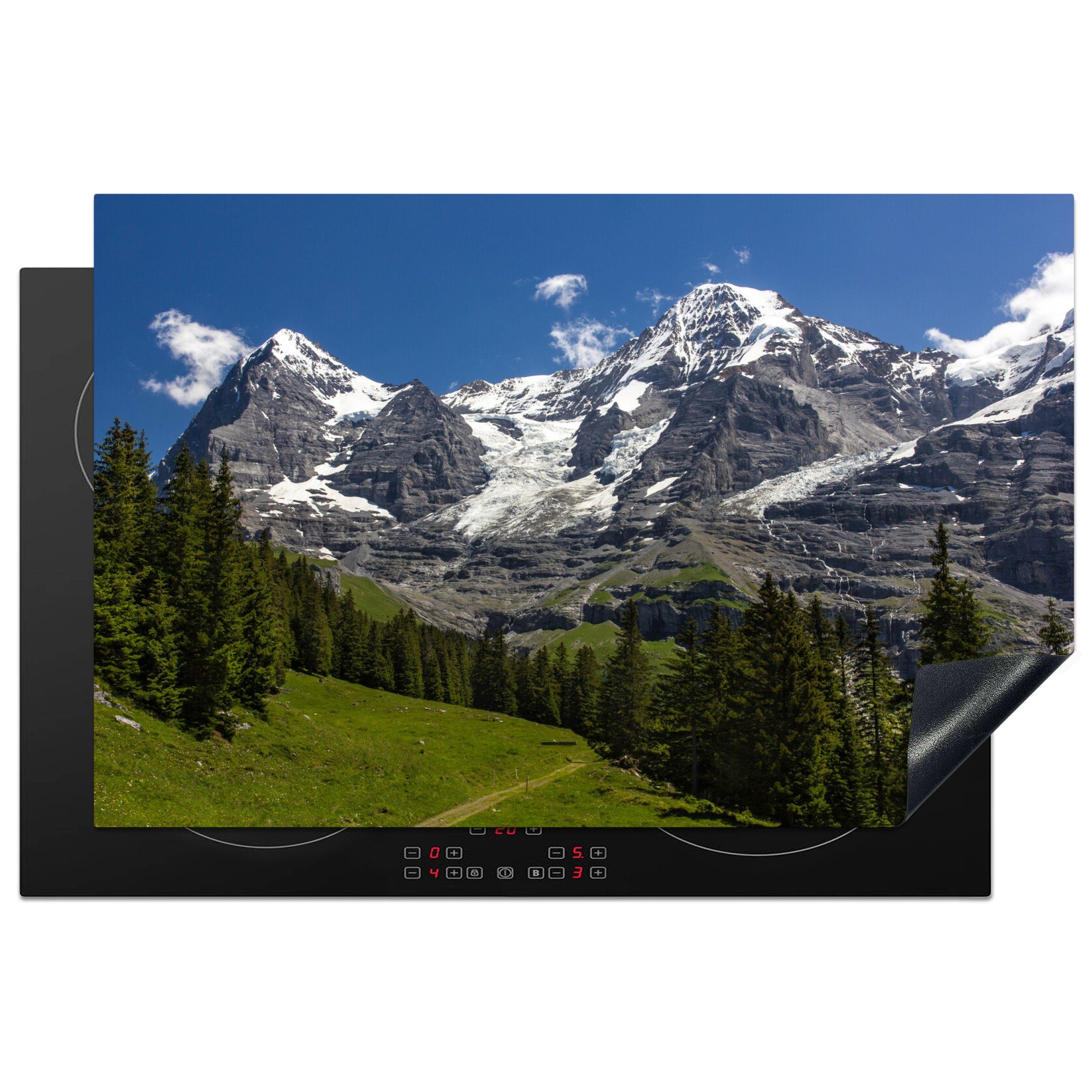 MuchoWow Herdblende-/Abdeckplatte Wälder für die Berge Eiger und Monch in der Schweiz, Vinyl, (1 tlg), 81x52 cm, Induktionskochfeld Schutz für die küche, Ceranfeldabdeckung