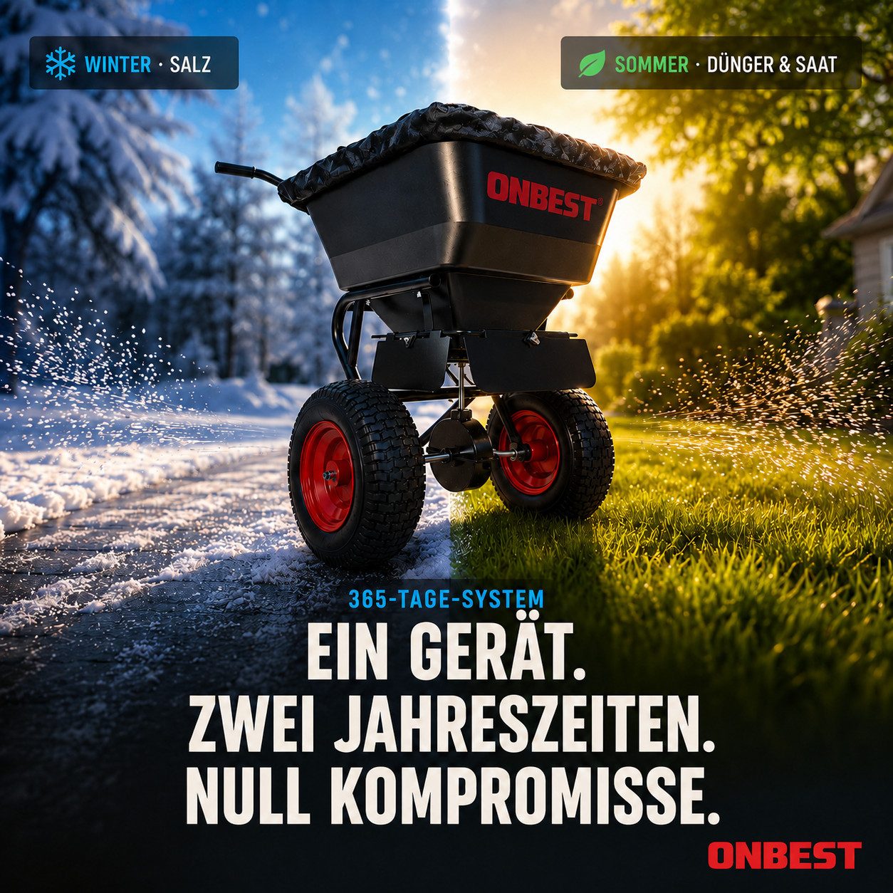 Onbest Streuwagen Salzstreuer Düngerstreuer mit Grobsieb und Regenabdeckung, 45,00 l Füllmenge, 61 x 91 x 59 cm (B x H x T), luftbereift