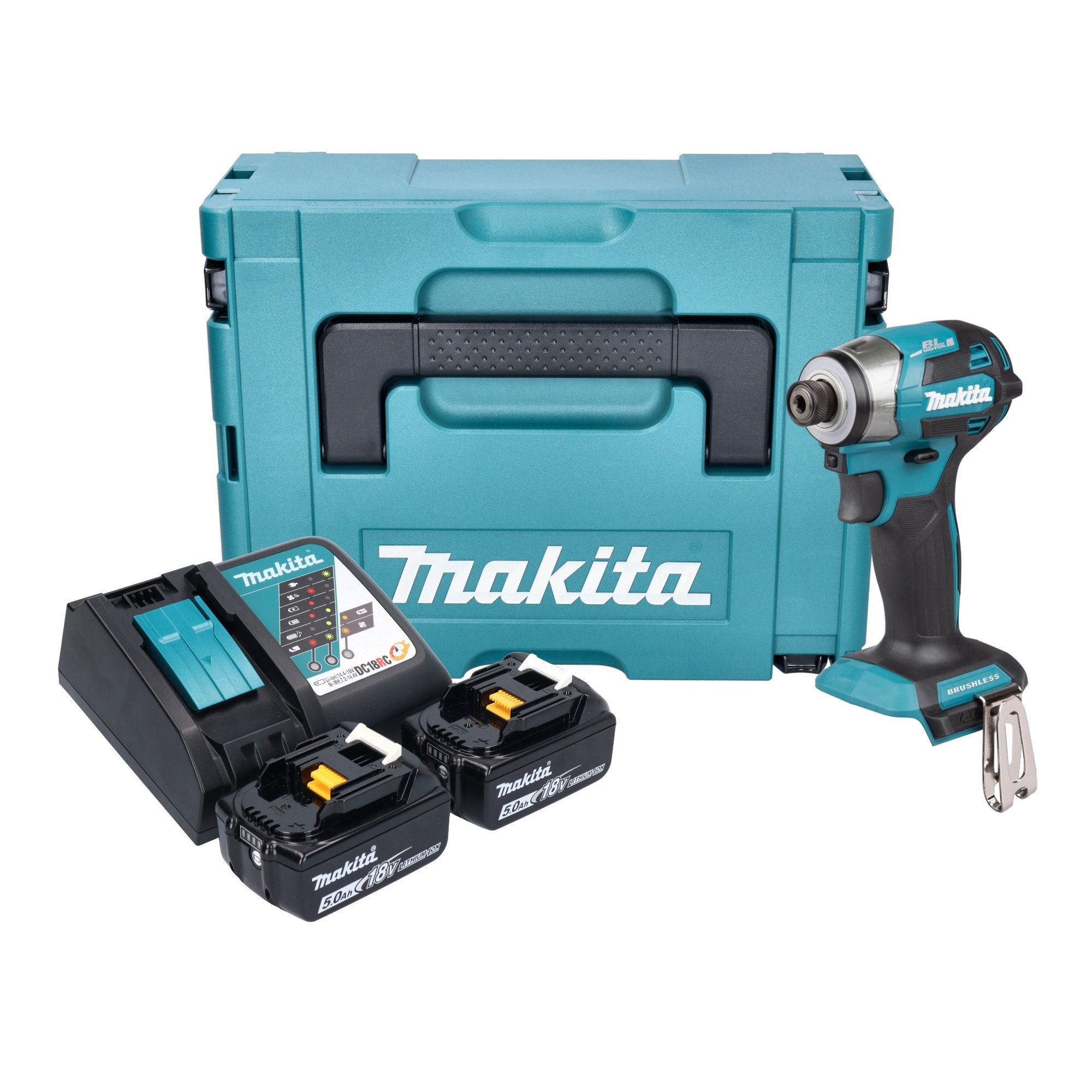 Makita Akku-Schlagschrauber DTD 173 RTJ 18 V 180 Nm 1/4“ Brushless + 2x Akku 5,0 Ah + Ladegerät