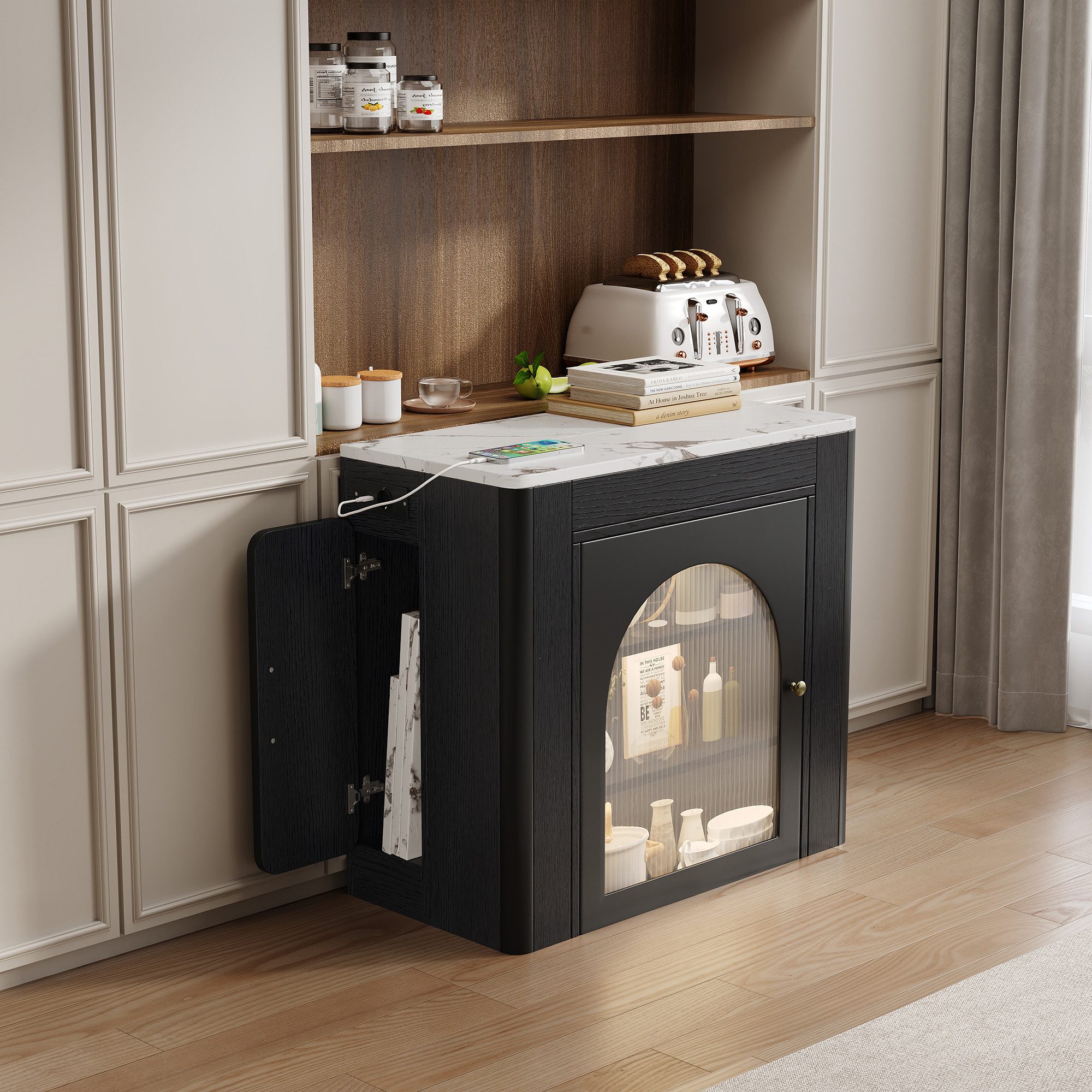 Odikalo Kücheninsel Esstisch Wohnzimmertisch Beistelltisch mit Rädern, (Ausziehbarer Esstisch mit abnehmbarer Tischplatte Mobile Servierwagen mit Steckdosenleisten dient als Anrichte Sideboard oder Bartisch für Küche und Esszimmer)