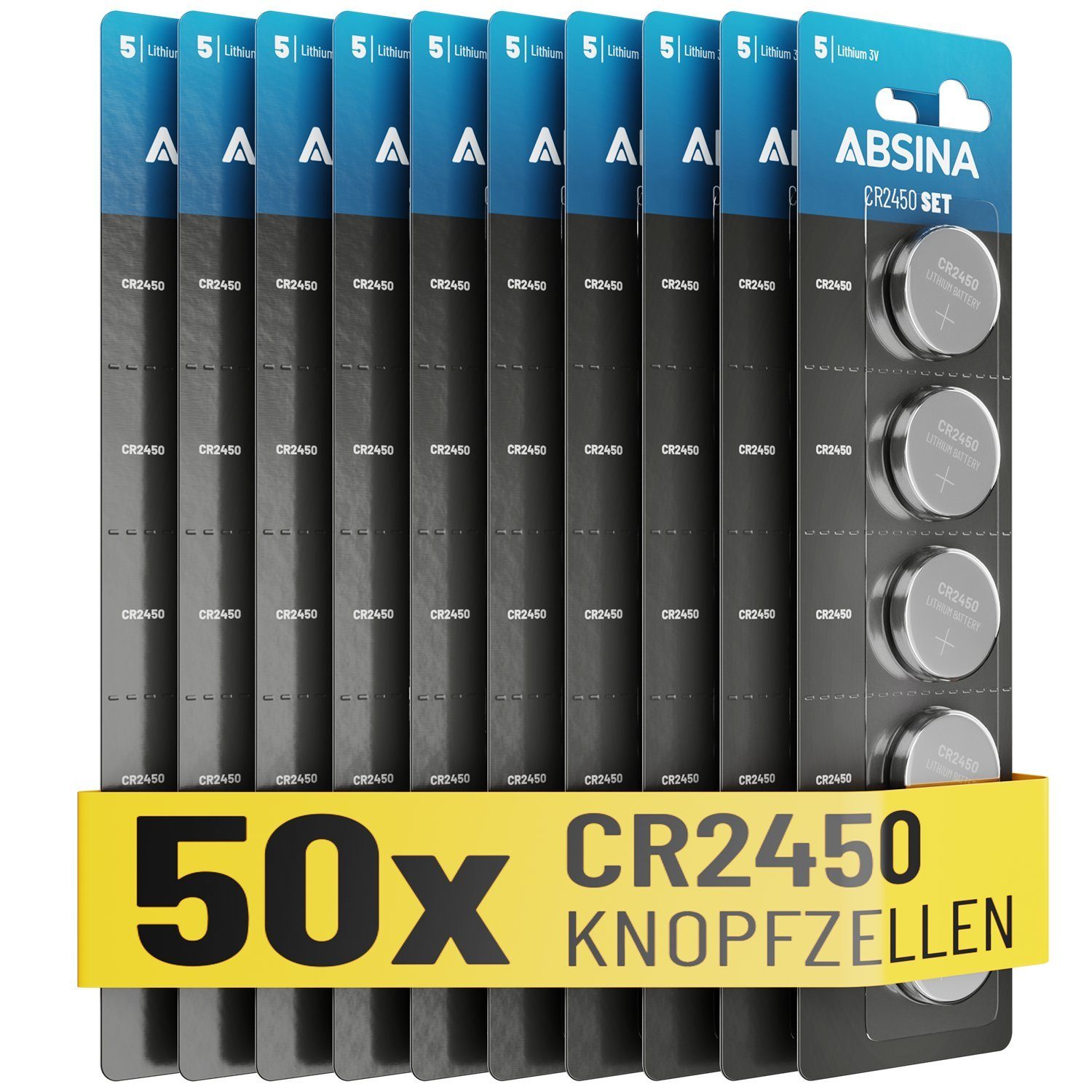 ABSINA CR2450 Knopfzelle 50er Pack - CR 2450 3V Knopfzellen auslaufsicher Knopfzelle, (3V V, 1 St)