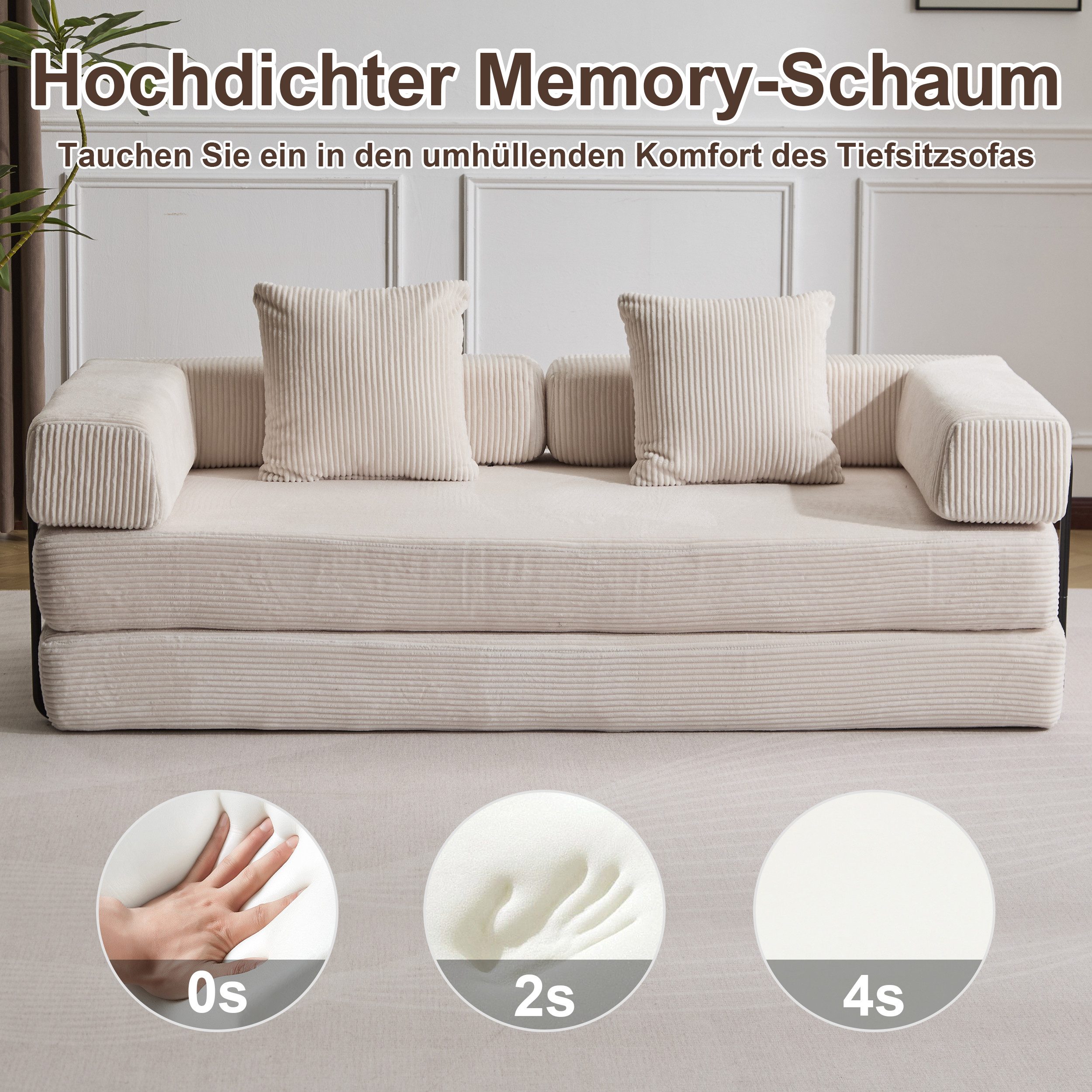 Leawin Loungesofa 4-in-1 Wohnzimmersofa mit Bettfunktion – faltbares Cord Schlafsofa, Bequemes & modernes Schlafsofa aus Cord – ideal für kleine Räume