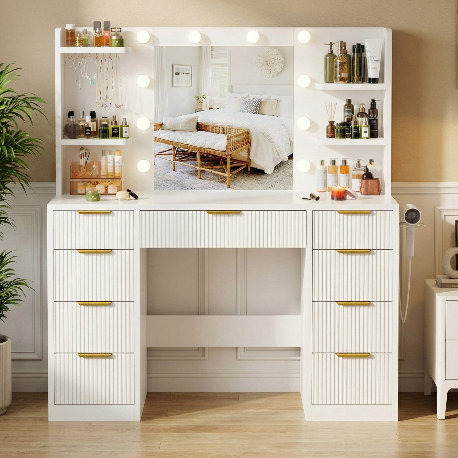 Furnicopia Schminktisch Mit einstellbarer LED-Beleuchtung, 7 Schubladen und 4 Fächern (Große Größe: 110 × 40 × 137 cm, mit 1 USB-Anschluss, 1 Typ-C-Ladeanschluss, 2 Netzsteckdosen und 1 Föhnhalterung. Erhältlich in Weiß oder Schwarz-ostern geschenke)