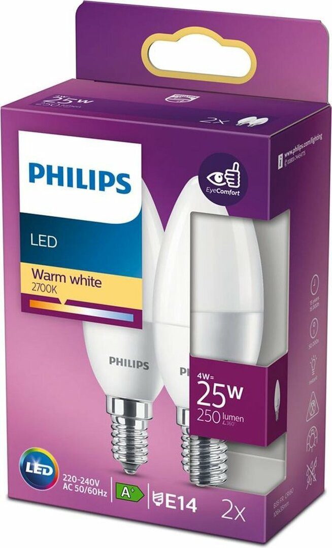Philips LED-Leuchtmittel 2er Pack Philips LED E14 B35 4W = 25W Kerzenform 250lm 230V Warm 2700K, E14, Warmweiß