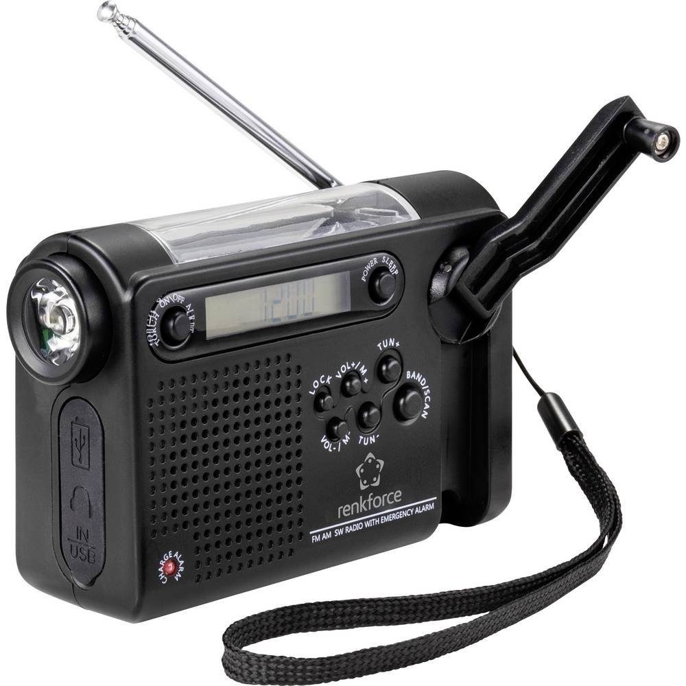 Renkforce Notfall-Kurbelradio (UKW/MW/KW RF-4694806 Radio (wiederaufladbar, Solarpanel, Handkurbel, Weckfunktion, Taschenlampe)