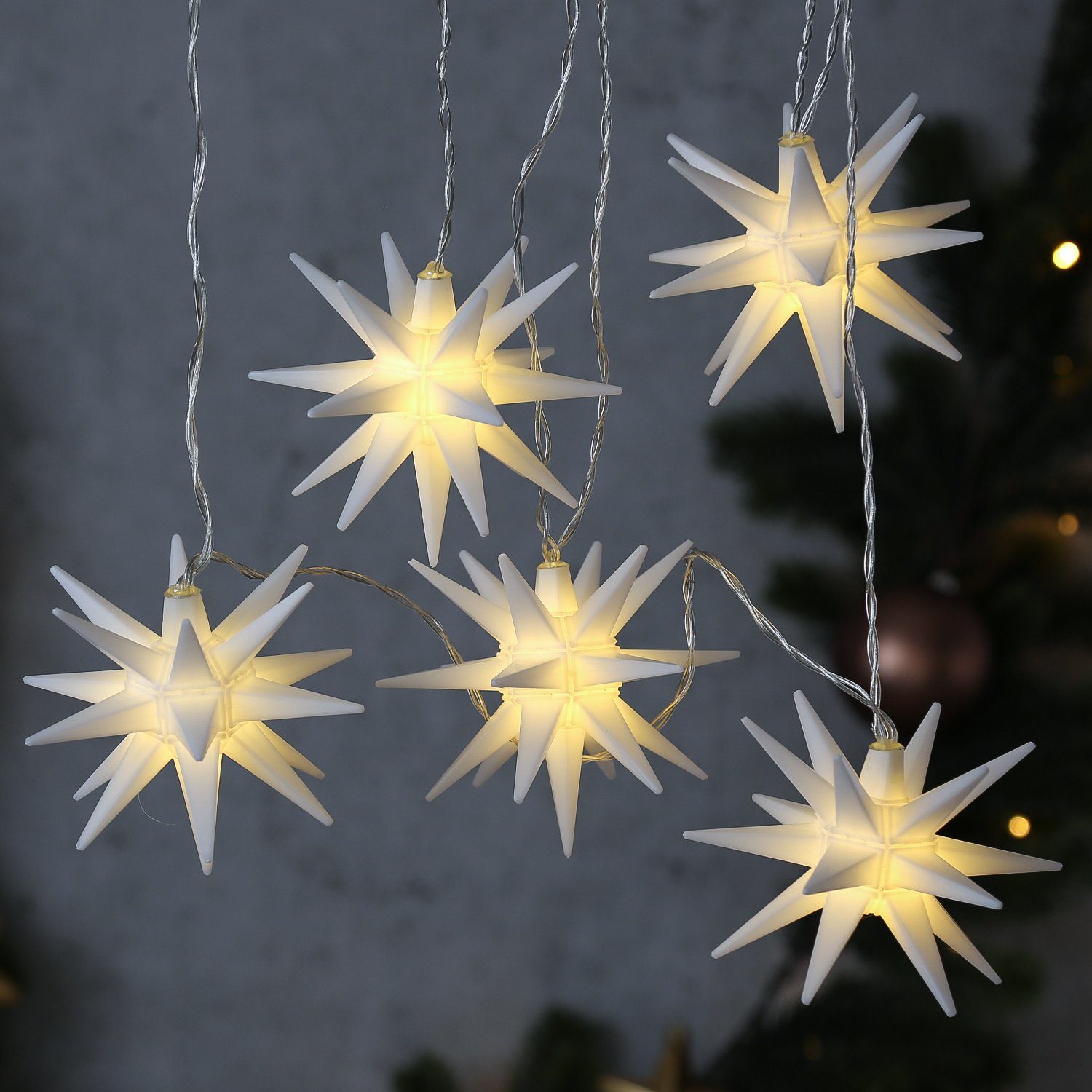 Außen 8 Lichterkette für Sterne Mini LED LED-Lichterkette 3D weiß, MARELIDA Deko Sterne 8-flammig Balkon