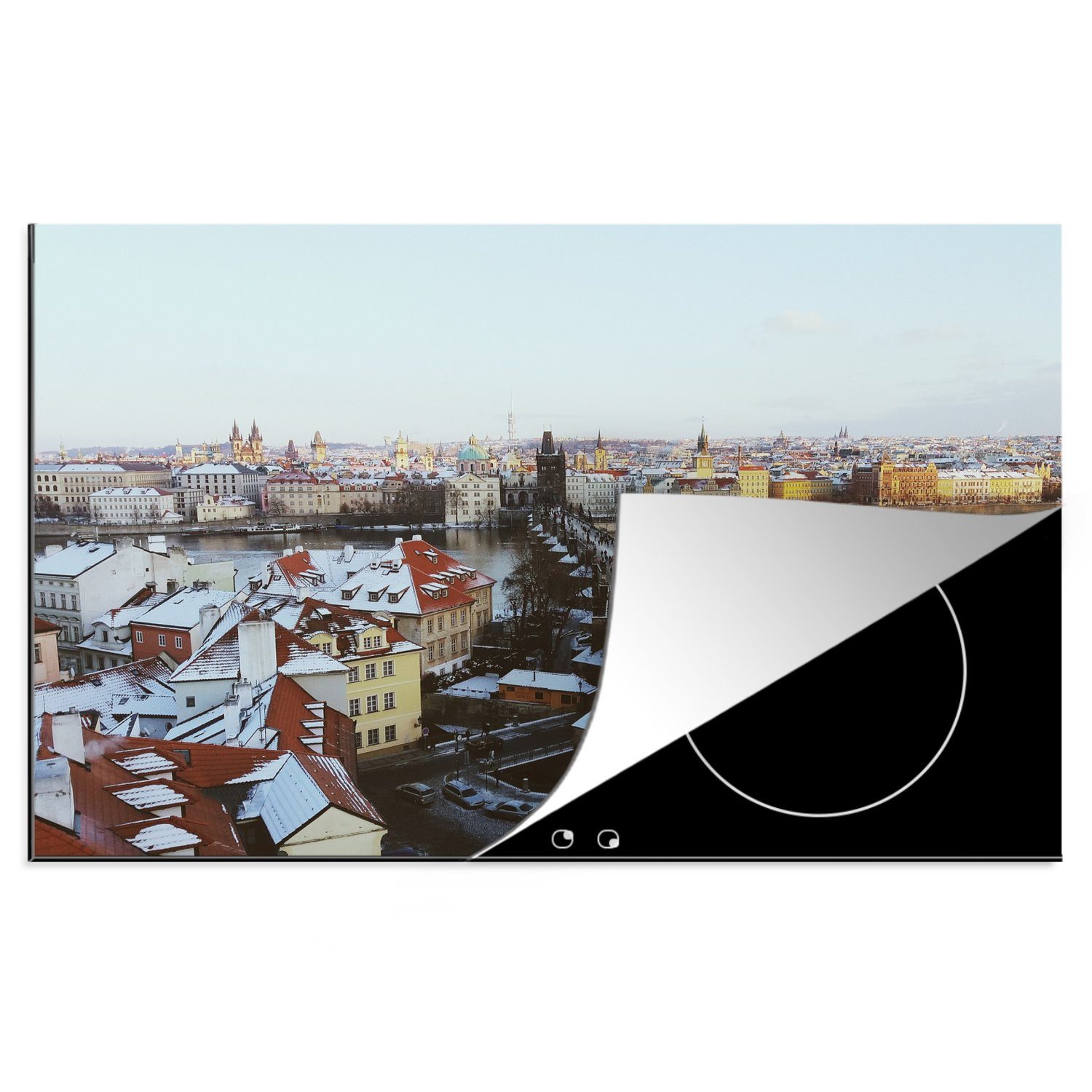 MuchoWow Herdblende-/Abdeckplatte Prag die 81x52 für küche, cm, Winter Vinyl, Induktionskochfeld tlg), Ceranfeldabdeckung - - Schutz (1 Schnee