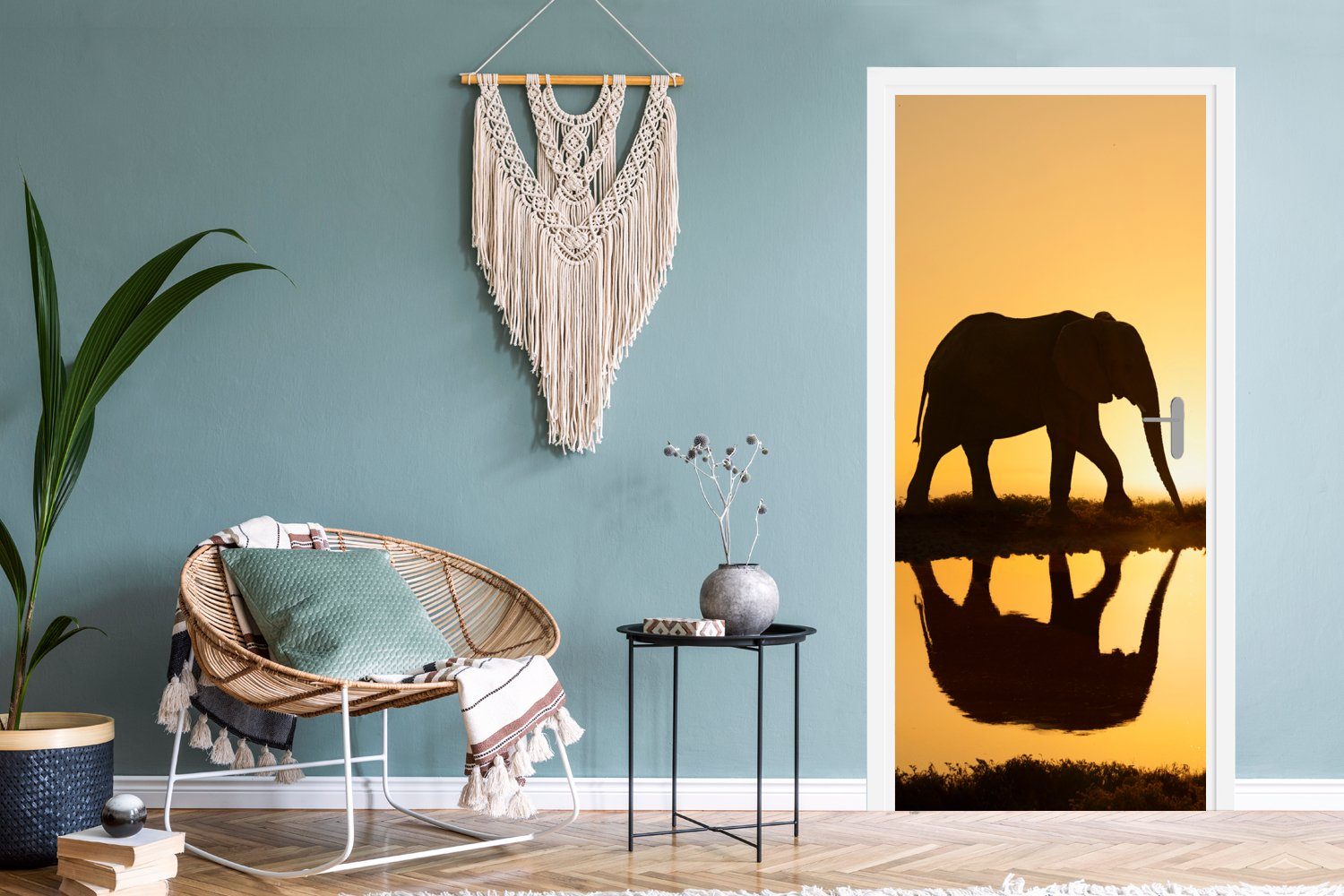 MuchoWow Türtapete Silhouette St), Elefanten Sonnenuntergang, Tür, für bedruckt, cm Fototapete Matt, (1 bei 75x205 Türaufkleber, eines