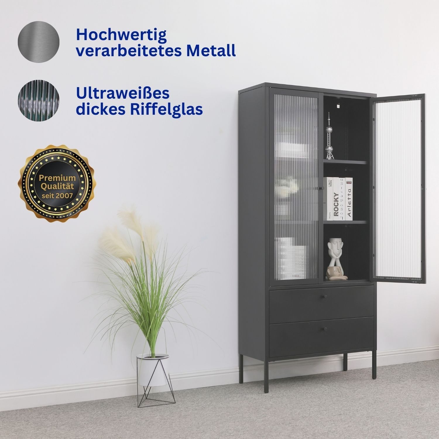 Mein-Regal Standvitrine PARIS Schwarz, Vitrine Metall Glastüren Schubladen stabil Hochschrank 180 cm