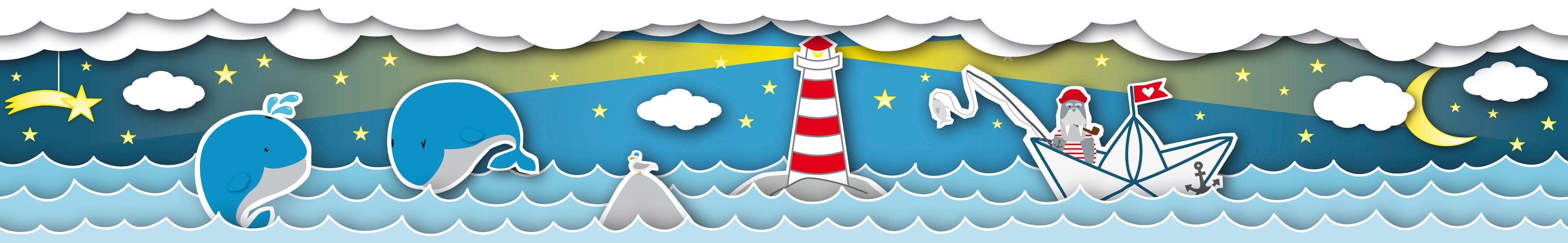 A.S. Création Bordüre Fishing Captain, glatt, Kinderzimmertapete Tapete Grau Blau Weiß für Baby- und Kinderzimme