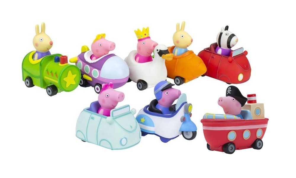 Jazwares Spielfigur Peppa Wutz und ihre Freunde Mini Flitzer, 8 verschiedene Motive, (Set mit, 8 Figuren), Buggys mit richtig rollenden Rädern | Filmfiguren