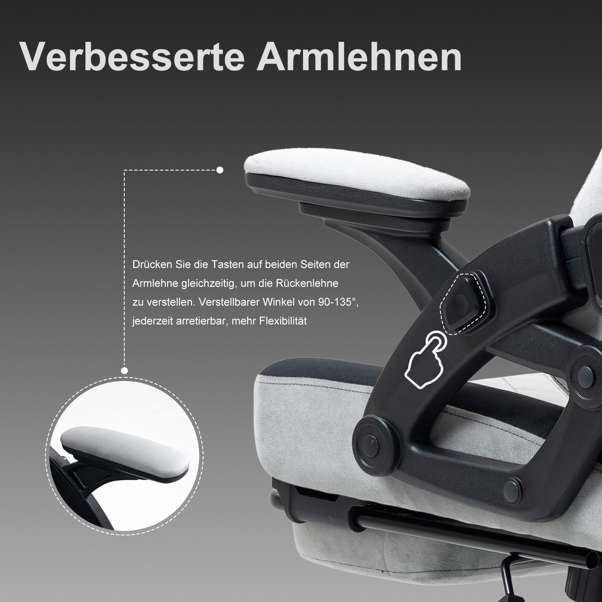 BRTHORY Gaming-Stuhl Rmit Verstellbare Kopfstütze Wippfunktion, 135°, Hellgrau – Bild 5 von 5