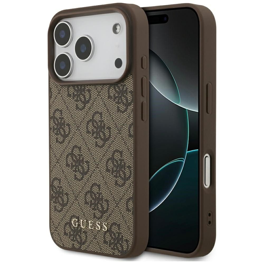 Guess Handyhülle Case iPhone 17 Pro Classic Kunstleder braun Logo goldfarbig 6,3 Zoll, Kantenschutz