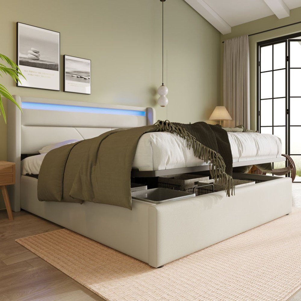 Boxspringbett (Funktionsbett, Polsterbett mit Bettkasten und Lattenrost, inkl. LED-Beleuchtung), Hydraulisches Stauraumbett Doppelbett 140x200cm, Bezug aus Kunstleder