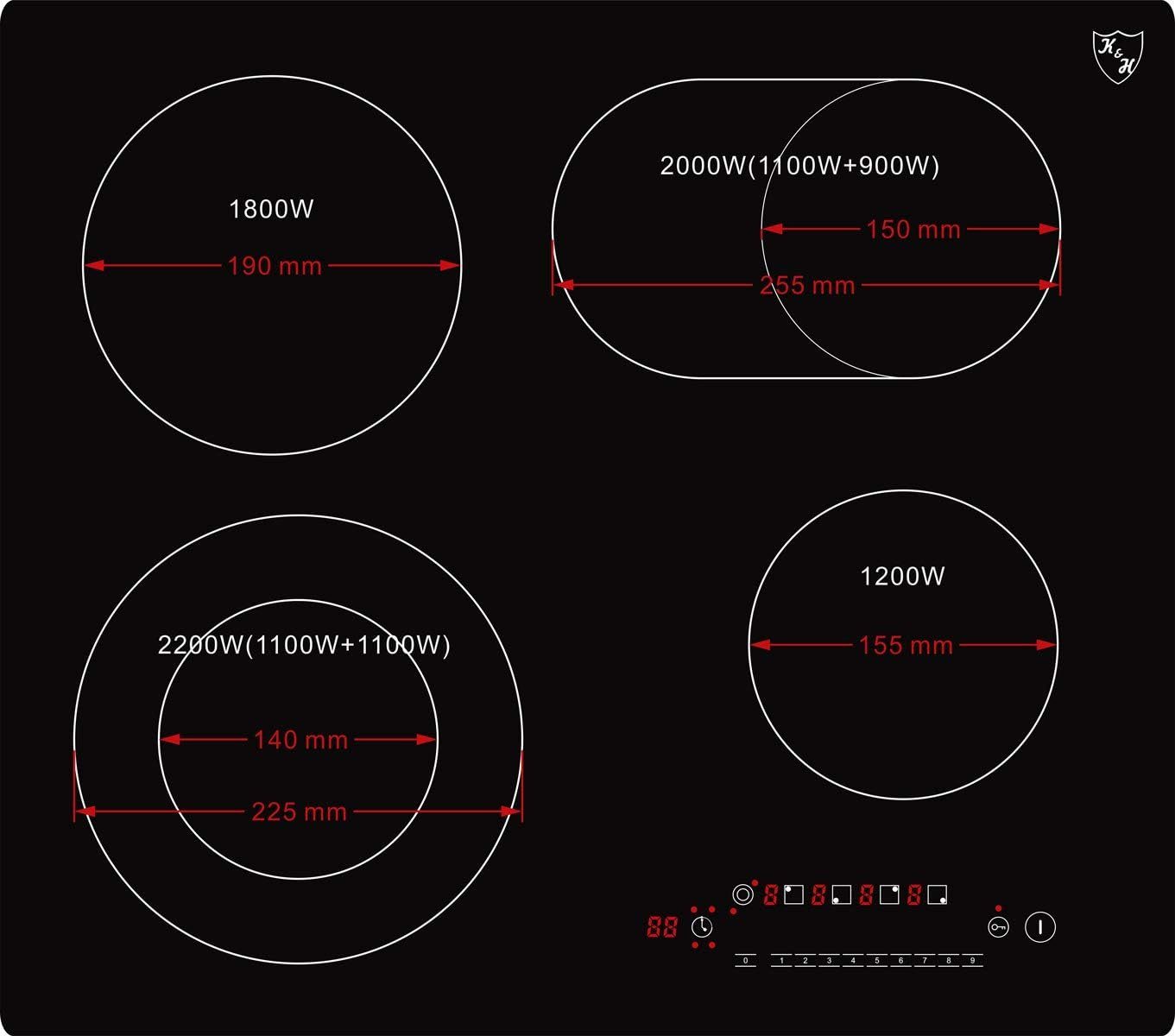 K&H Elektro-Kochfeld K&H® 4 Zonen Glaskeramikkochfeld 59cm Elektro Autark Eingebaut NC-7206, Einbaufähig und Autark
