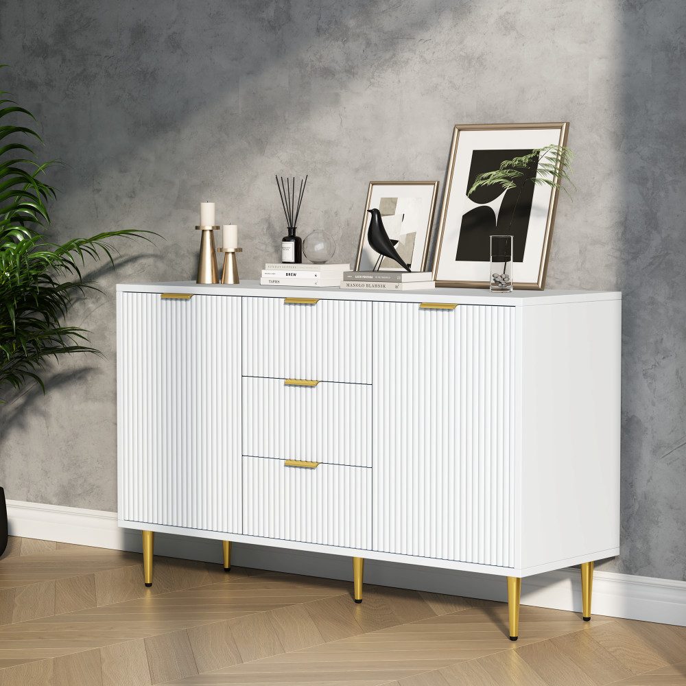 PFCTART Sideboard Sideboard in Weiß und Gold (Esszimmerschrank Eckschrank Nachttisch Ablageschrank), 2 Türen 3 Schubladen, 120*40*75 cm