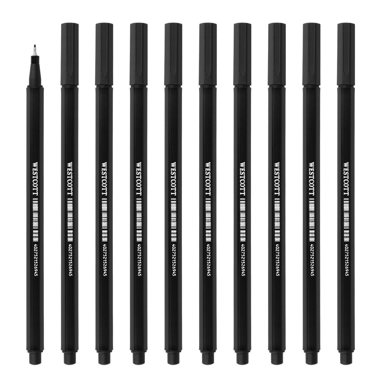 WESTCOTT Fineliner schwarz 10 Stück, Premium Fineliner mit 0,4mm Strichstärke, (Vorteilspack, 10-tlg), Präzise Strichführung, metalleingefasste Spitze, schnelltrocknend