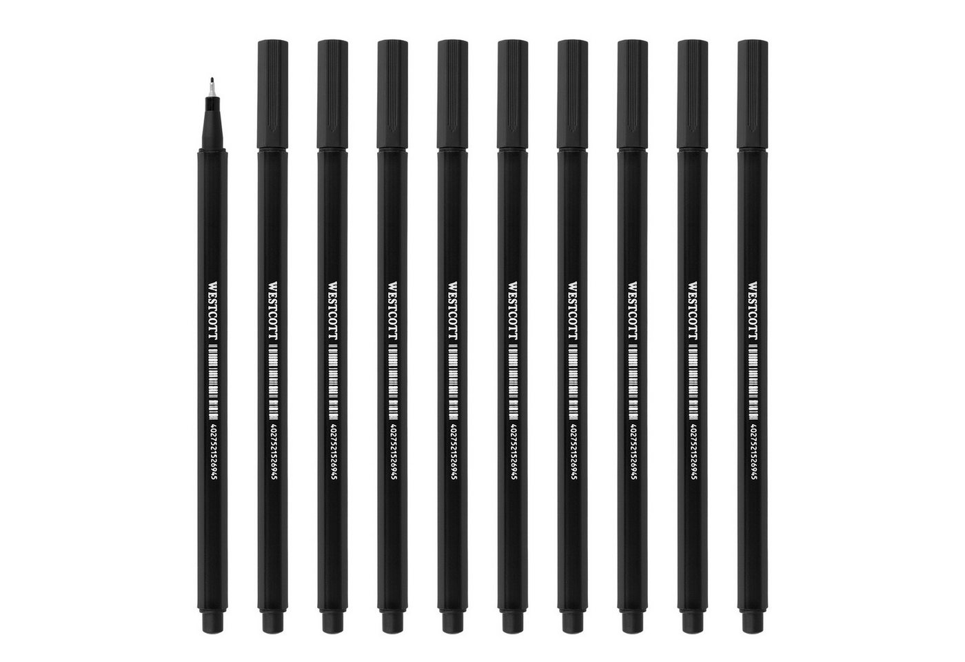WESTCOTT Fineliner schwarz 10 Stück, Premium Fineliner mit 0,4mm Strichstärke, (Vorteilspack, 10-tlg), Präzise Strichführung, metalleingefasste Spitze, schnelltrocknend