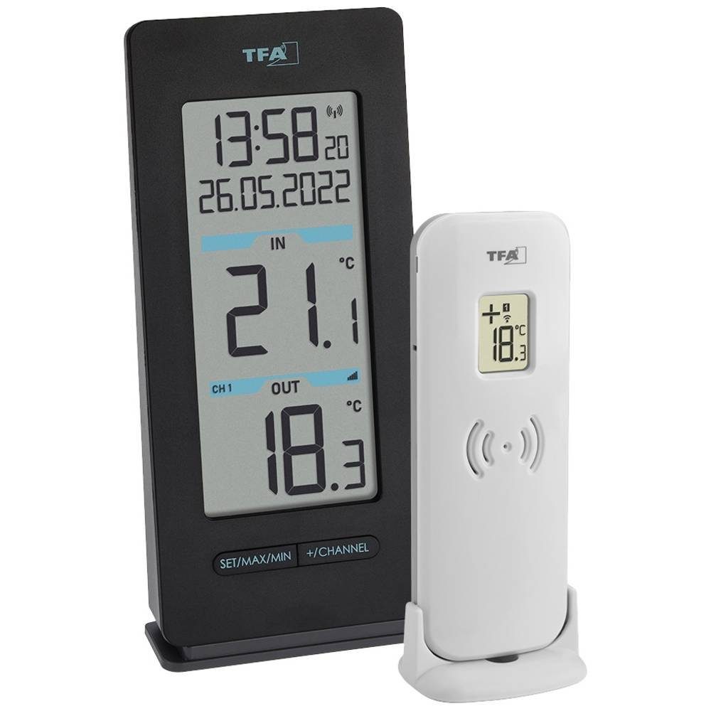TFA Dostmann Hygrometer Funk-Thermometer BUDDY, Die Höchst- und Tiefstwerte  werden gespeichert und auf Knopfdruck angezeigt.