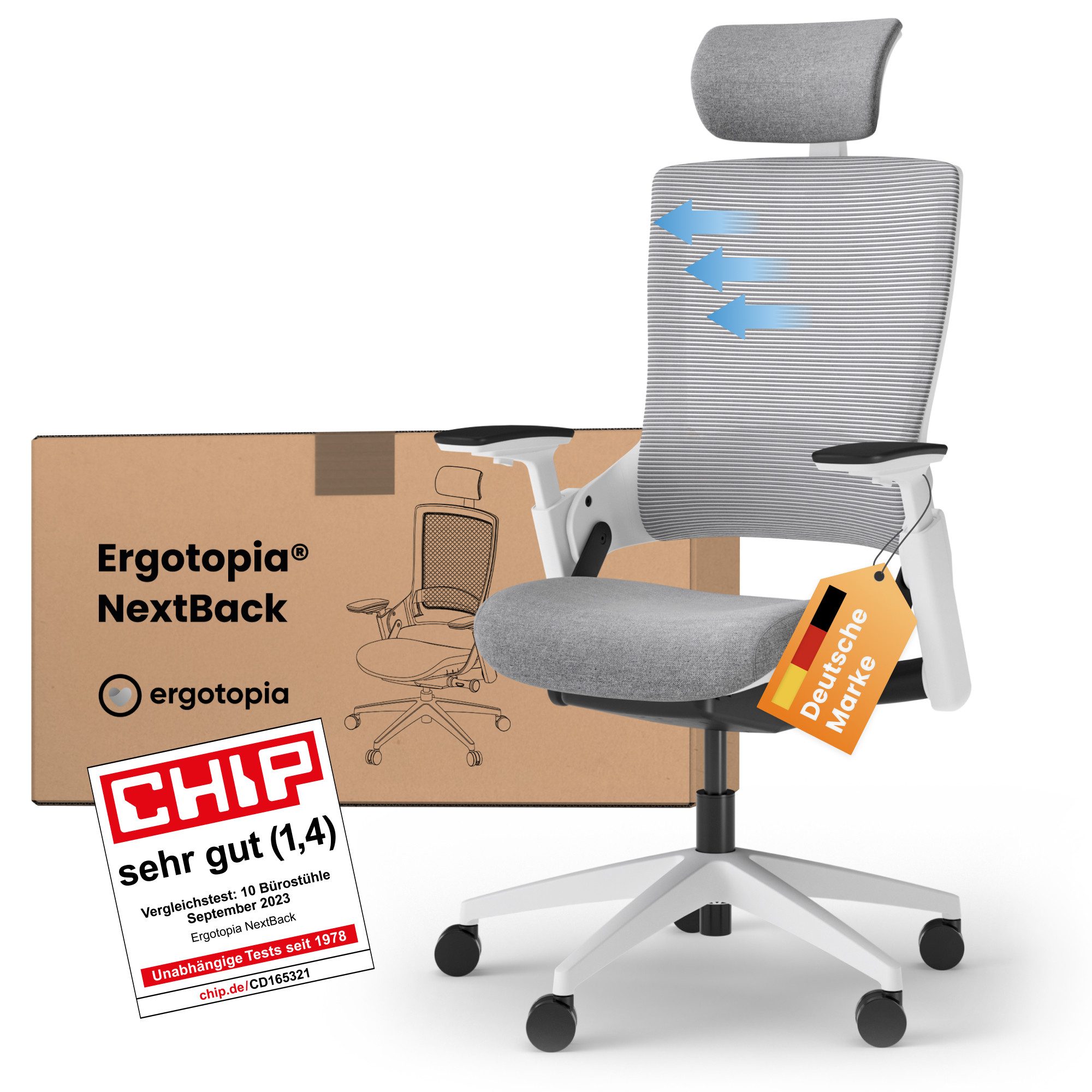 Ergotopia Bürostuhl ergonomischer Schreibtischstuhl NextBack, Drehstuhl mit 3D Armlehnen & verstellbarer Kopfstütze