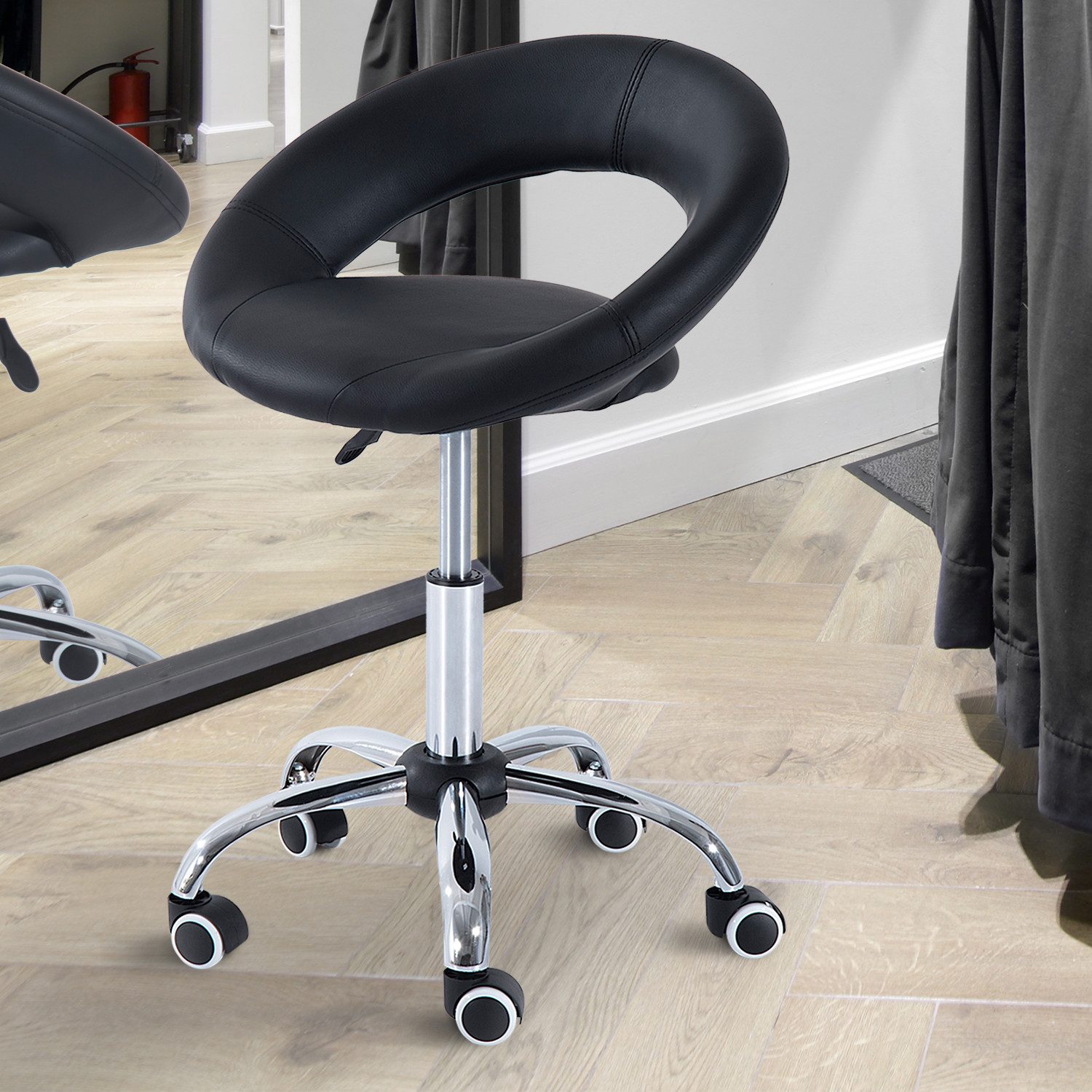 HOMCOM Rollsitz Bürostuhl höhenverstellbar, PU+Metall, Schwarz (Drehhocker, 1 St., Arbeitshocker), PU+Metall, Schwarz, 50 x 54 x 66-78 cm
