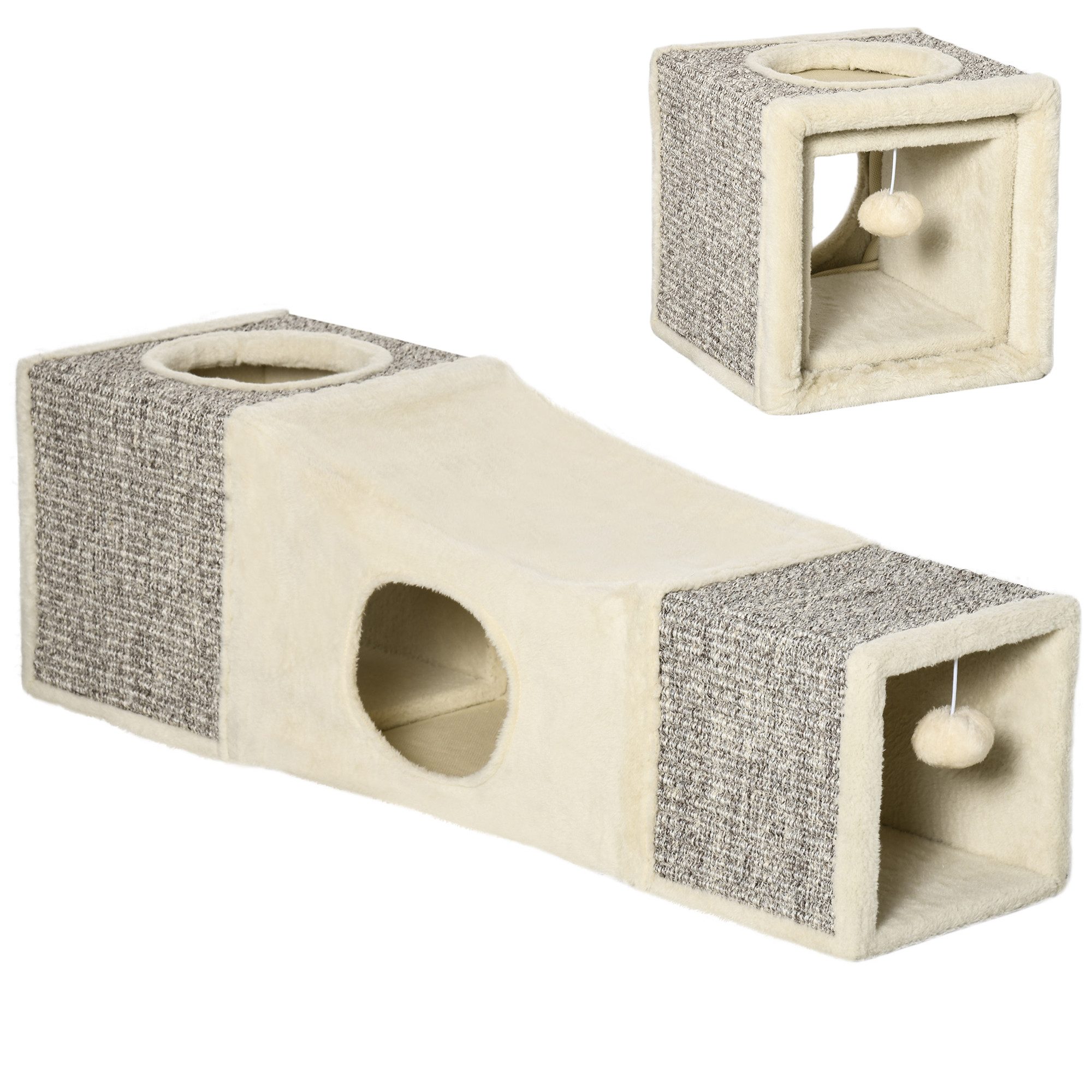 PawHut Tiertunnel Katzentunnel Faltbar Katzenspielzeug mit Ball Braun+Beige, Spanplatte, Flusen, Sisal, Braun+Beige, 98 x 30 x 30 cm