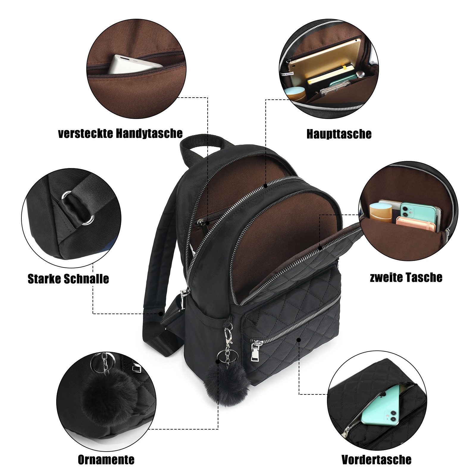TAN.TOMI Cityrucksack Rucksack Damen Klein, Cityrucksack Nylon Wasserdicht Rucksäcke, Für Schule Travel Wandern Arbeit – Bild 4 von 5