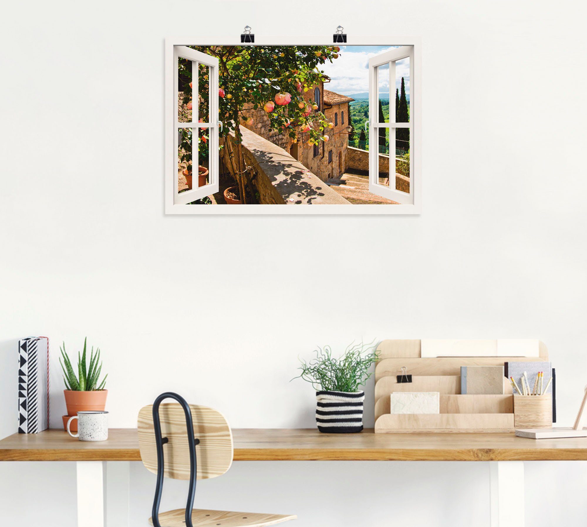 Artland Wandbild Fensterblick Rosen auf Balkon Toskana, Garten (1 St), als Alubild, Leinwandbild, Poster in verschied. Größen