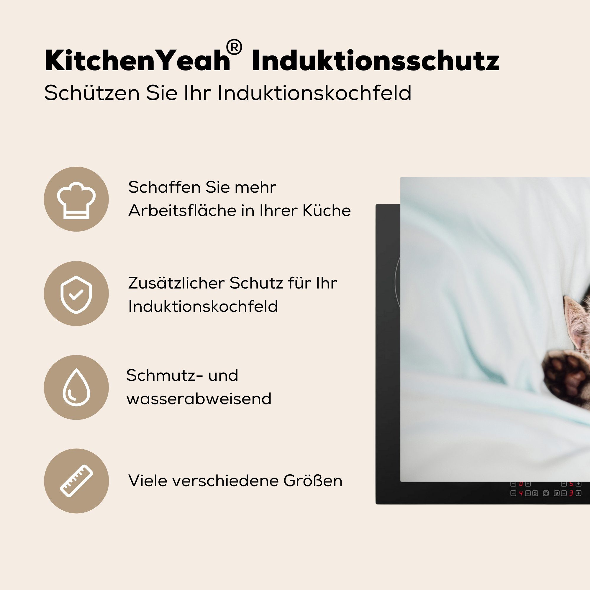 81x52 tlg), Herdblende-/Abdeckplatte die Schutz Induktionskochfeld küche, Kätzchen Ceranfeldabdeckung Vinyl, MuchoWow Schlafen (1 - - cm, Bett, für