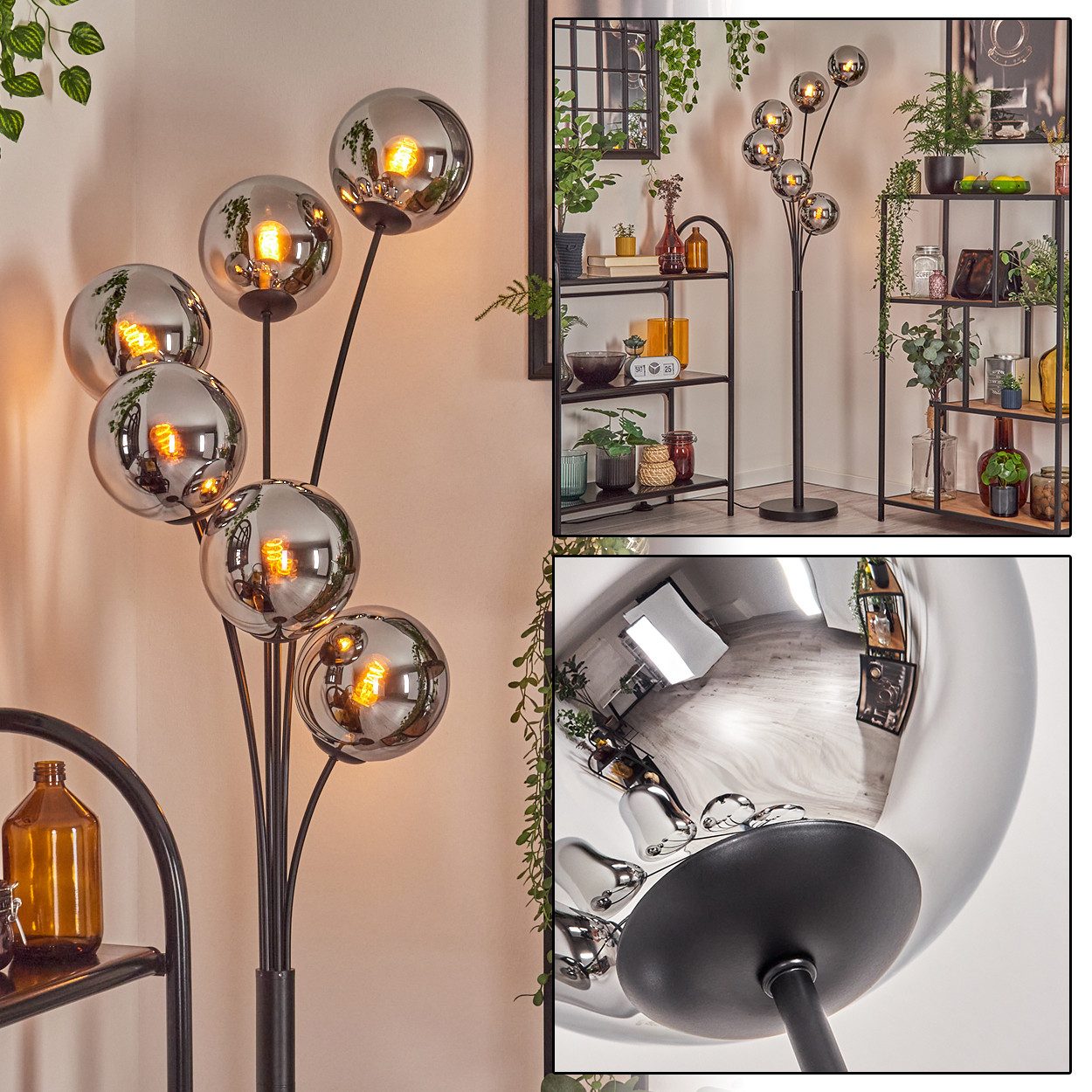 Stehlampe Stehlampe aus Metall/Glas in Schwarz/Chrom/Rauch mit Fußschalter